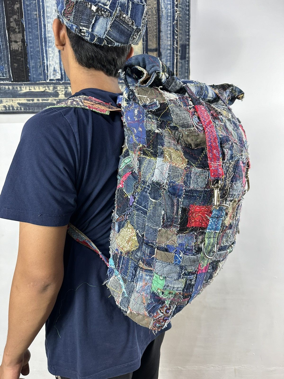 Art Comes First Custom Made Paisley denim Patchwork Roll top Backpack Size ONE SIZE - 8 Thumbnail