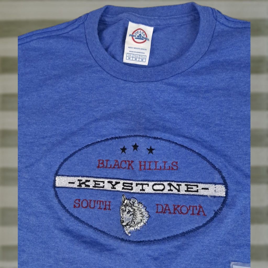 Delta VINTAGE Delta T-Shirt Embroidered Black Hills Keystone SD 90s Crew Neck Short Sleeve M Blue NWT Canvas Cotton Unisex Adults Men Womens Size US M / EU 48-50 / 2 - 1 Thumbnail