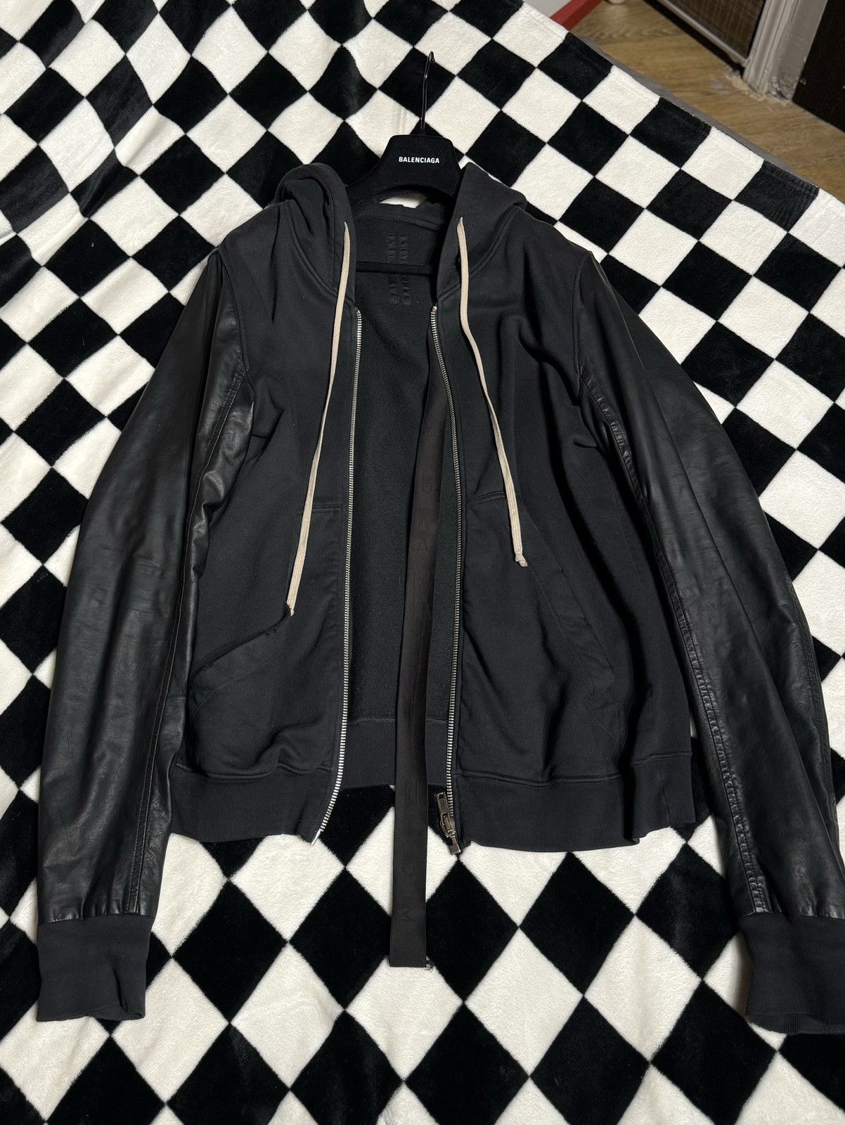 Rick Owens Drkshdw RARE $1283 LEATHER LAMBSKIN BLACK MILK BLACK HOODIE SWEATER Size US L / EU 52-54 / 3 - 2 Thumbnail