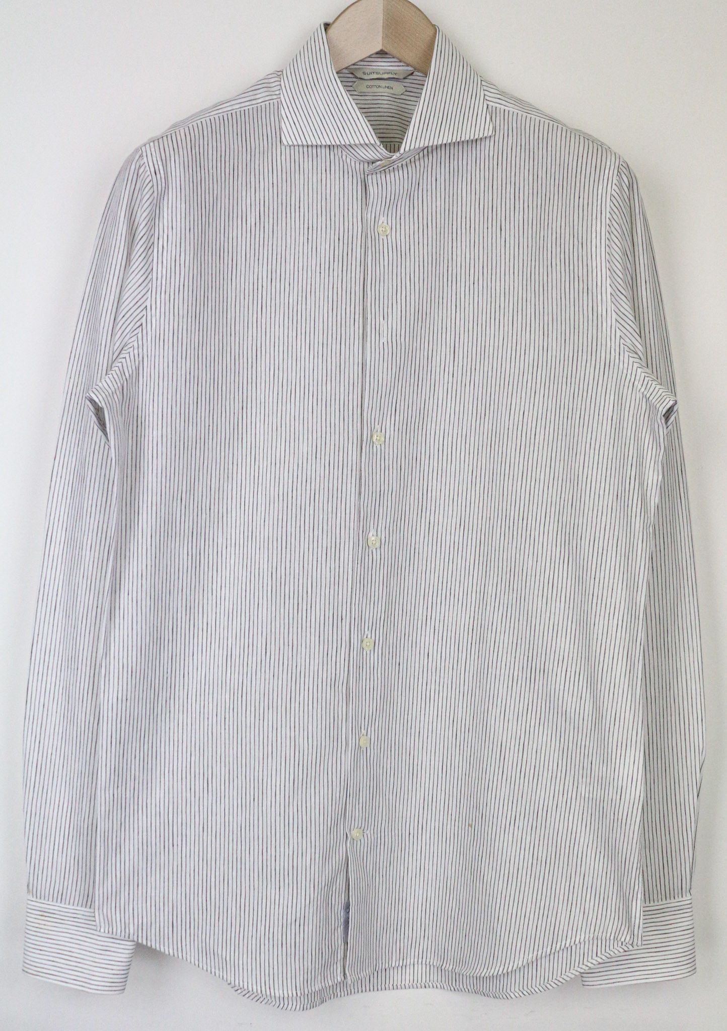 Suitsupply ~XS White Cotton Linen Striped Long Sleeve Shirt 77288 Size US XS / EU 42 / 0 - 1 Thumbnail