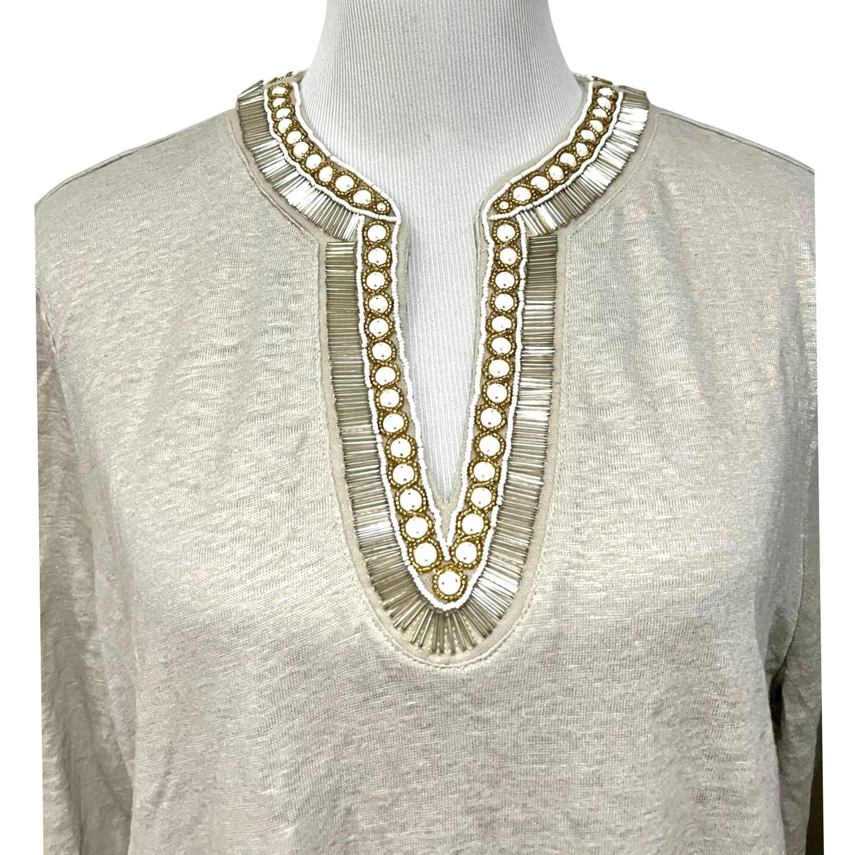 Vintage VINTAGE Chico’s Blouse 3 XL Linen Tunic Beaded Split Neck 3/4 Sleeve Top Beige Mens? Size XL / US 12-14 / IT 48-50 - 2 Thumbnail