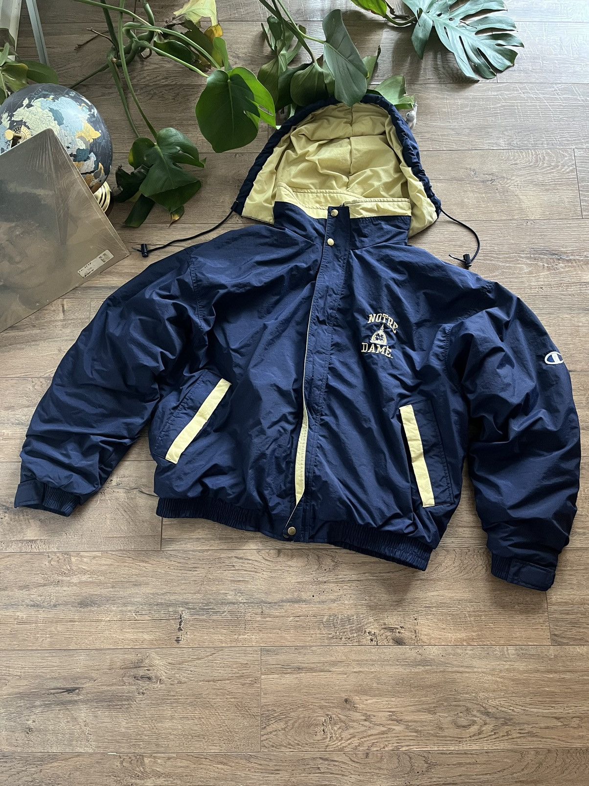 image of American College x Champion 90S-Y2K Notre Dame Champion Puffer Jacket in Navy, Men's (Size XL)