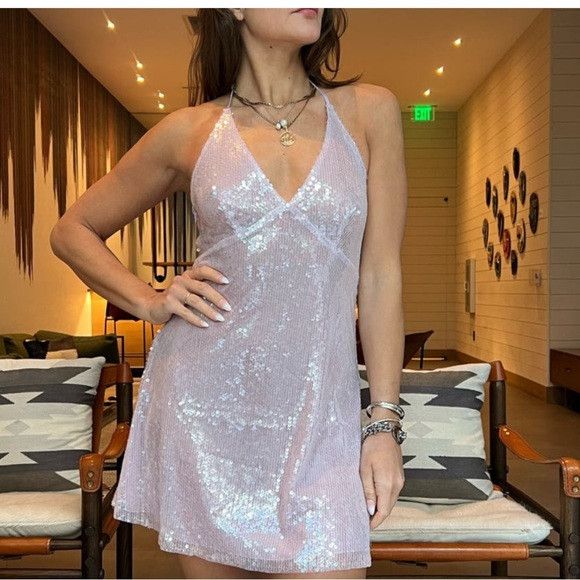 Other Oh Polly Livia Sheer Sequin Plunge Halter Neck A-Line Mini D | Grailed