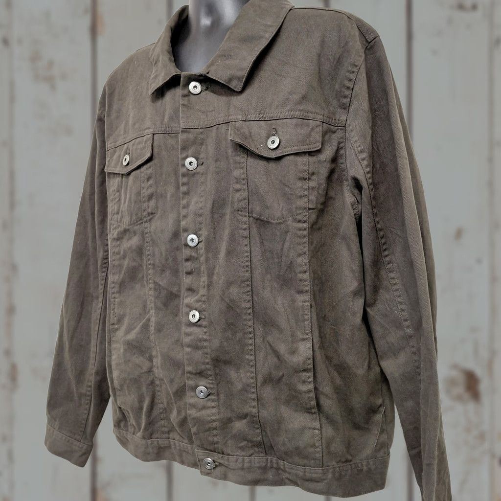 Vintage Boohoo Man Jacket Bomber Denim Olive Green XXL Men's Casual Button Pocket Lining Cotton Size US 39 - 1 Thumbnail