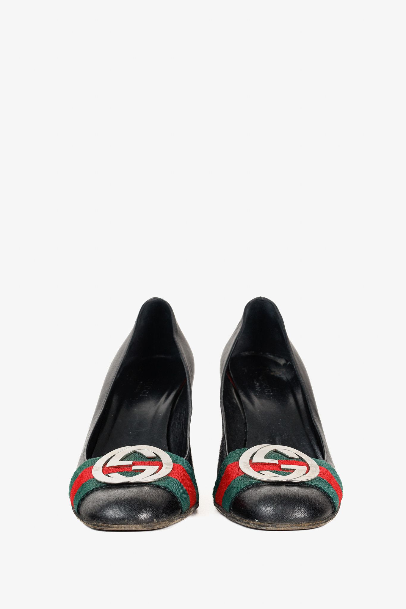 Gucci Black Leather Signature Webbing Logo Round-Toe Pumps