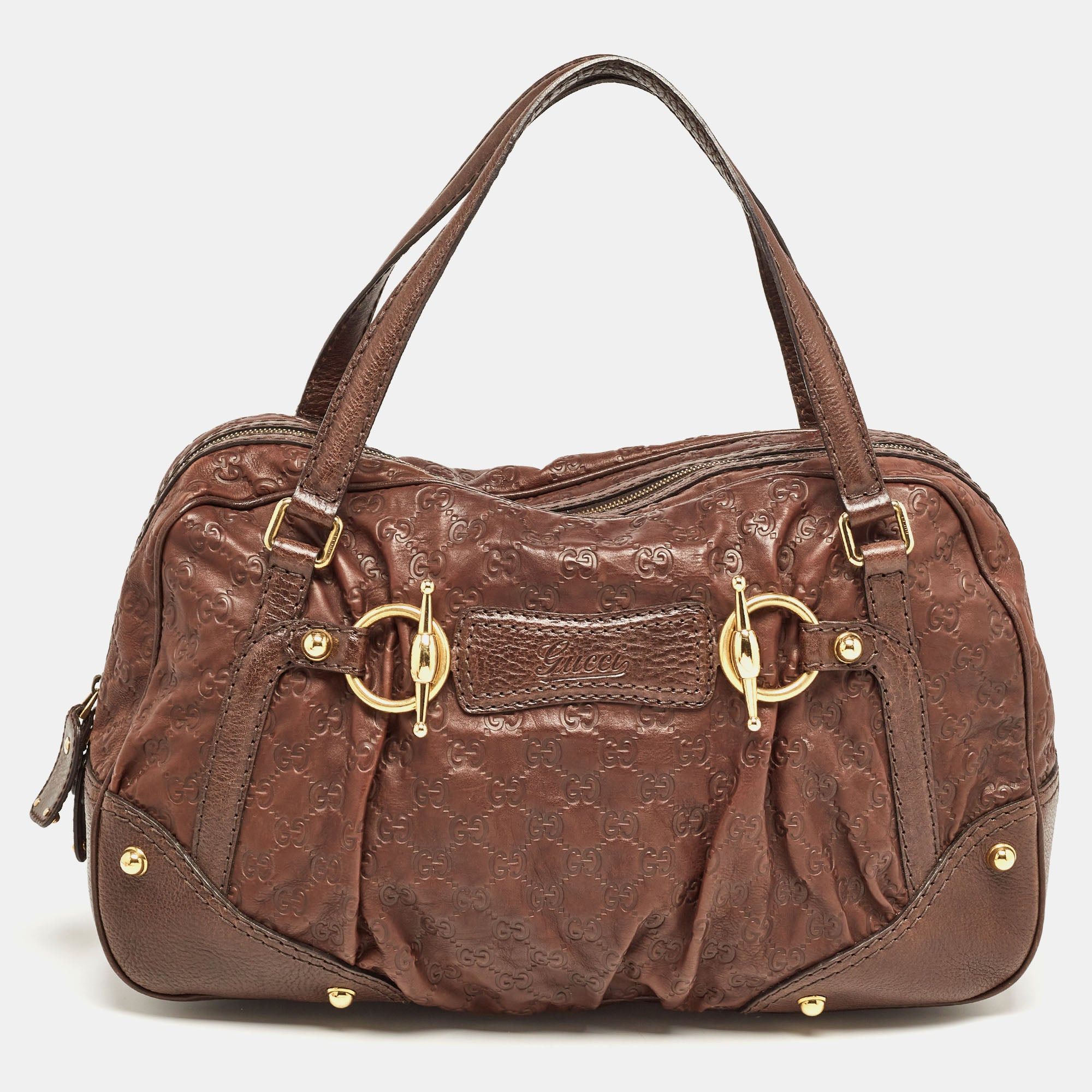 image of Gucci Dark Brown Ssima Leather Jockey Boston Bag, Women's
