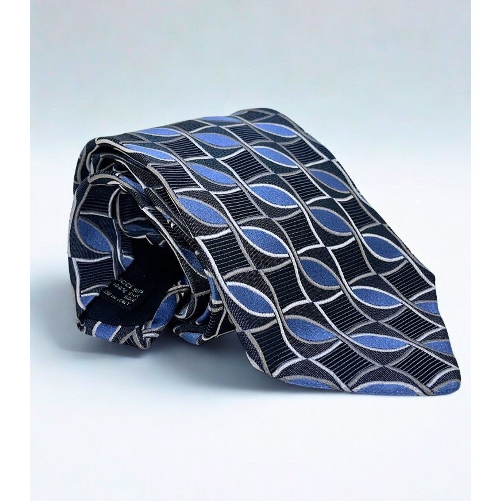 Gucci Gucci Geometric Silk Tie Blue Black Gray 100% Silk Italy Size ONE SIZE - 4 Thumbnail