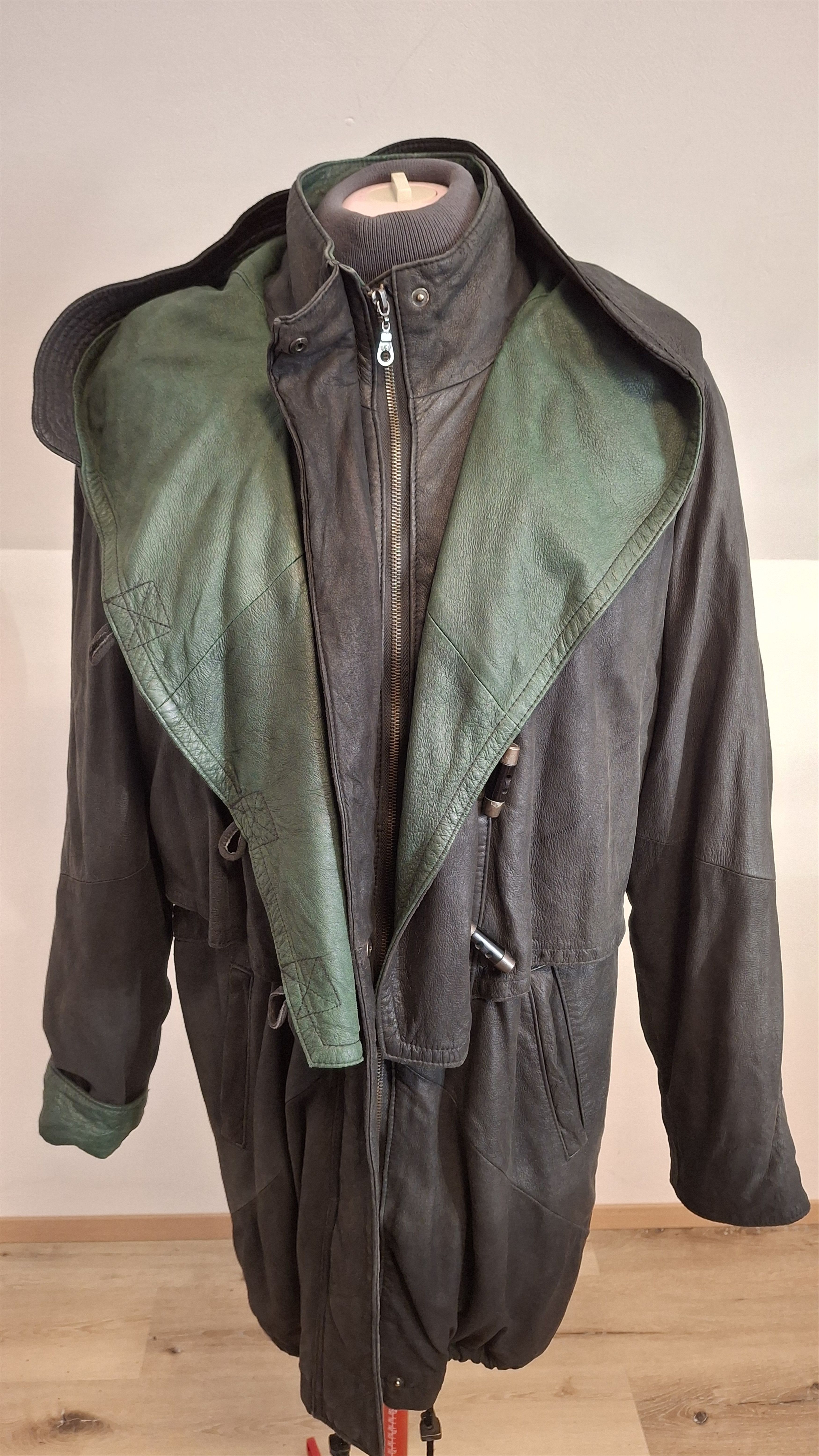 Vintage Vintage 80s Oversized Hooded Leather Parka Graphite/Green Size M / US 6-8 / IT 42-44 - 12 Thumbnail