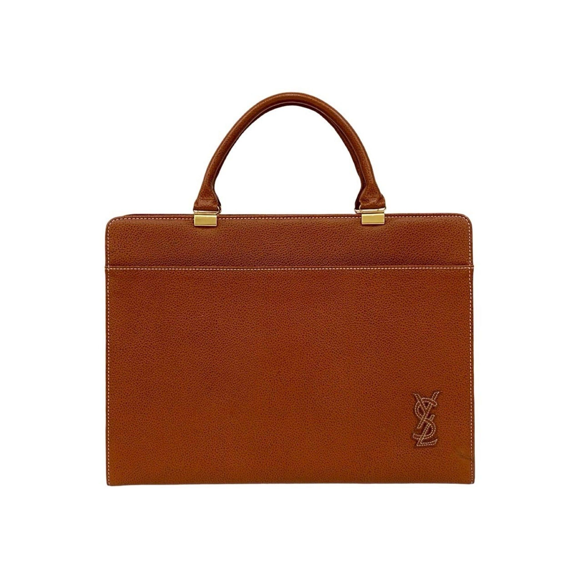 YVES Saint Laurent YSL Stitched Leather Business Bag, Handbag, Brown, 62779, Women's