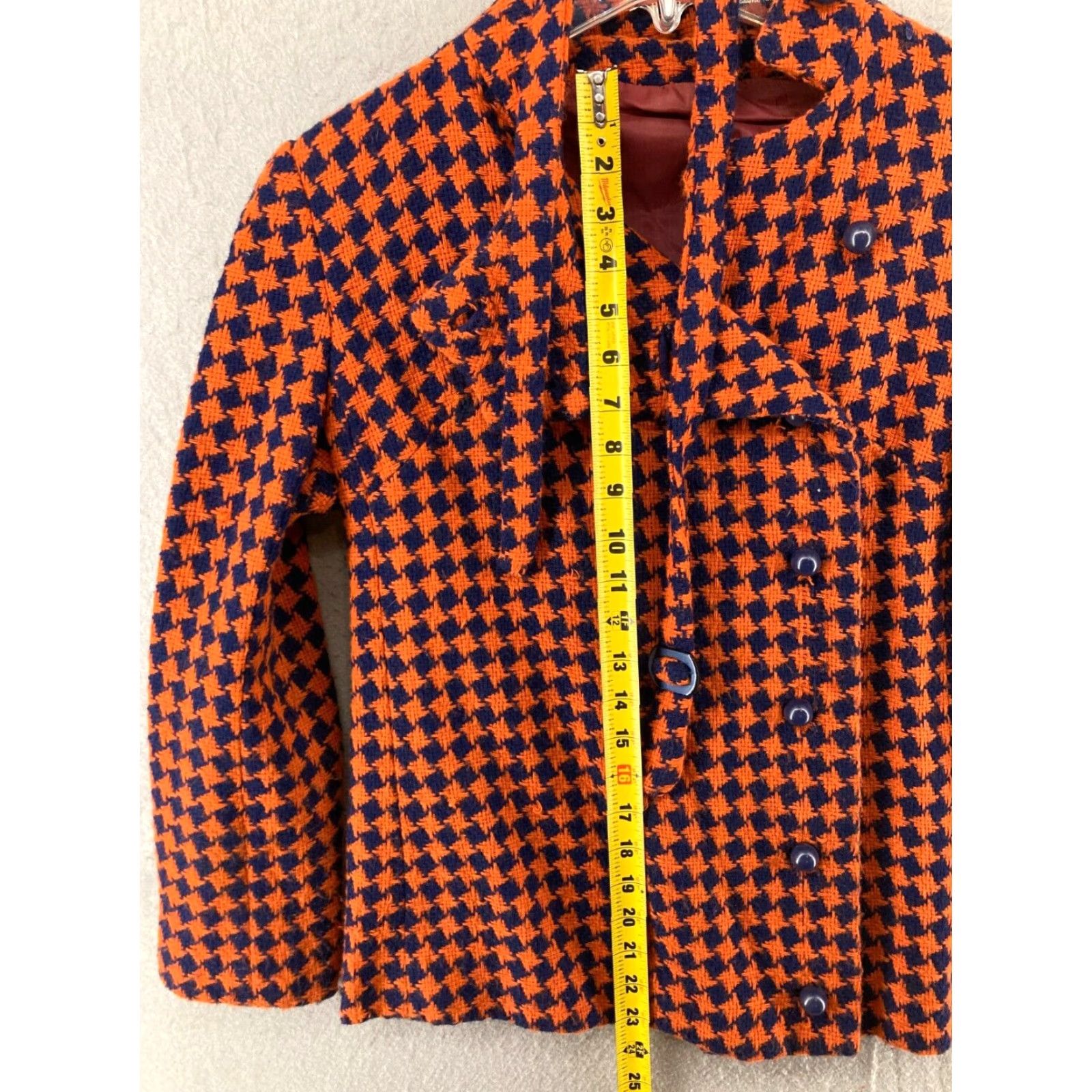 Vintage 60s Jacket Wool Knit Orange and Black Houndstooth Womens Medium Size M / US 6-8 / IT 42-44 - 3 Thumbnail