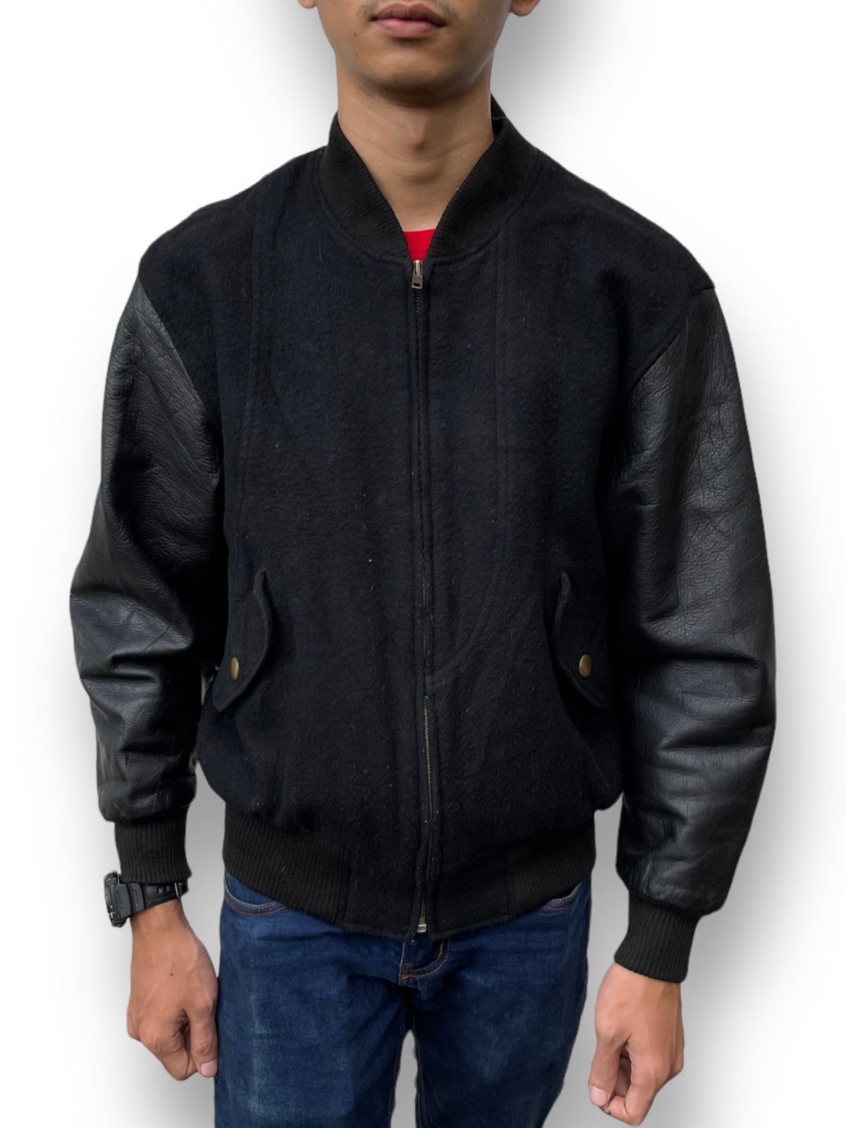Issey Miyake 🔥Vintage 80's Steam Boat Japan Leather Sleeve Bomber Jacket Size US M / EU 48-50 / 2 - 4 Thumbnail