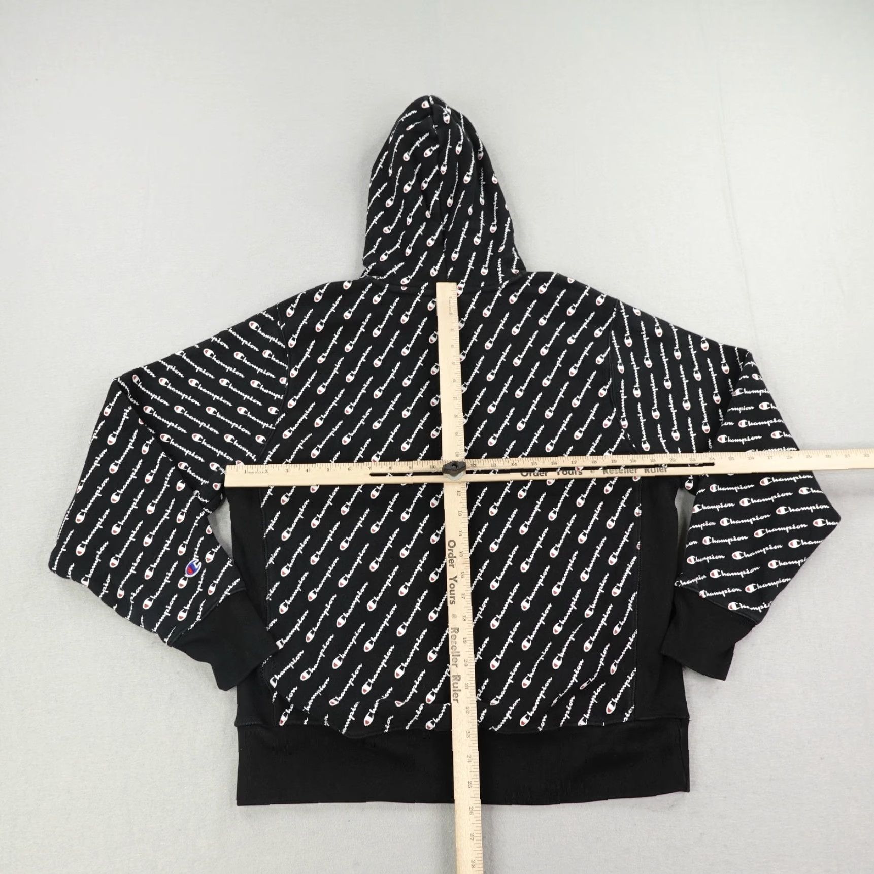 Champion Champion Hoodie L Black Reverse Weave All Over Print AOP Pullover Sweatshirt Men Large Graphic Print Hooded with Pockets Size US L / EU 52-54 / 3 - 4 Thumbnail