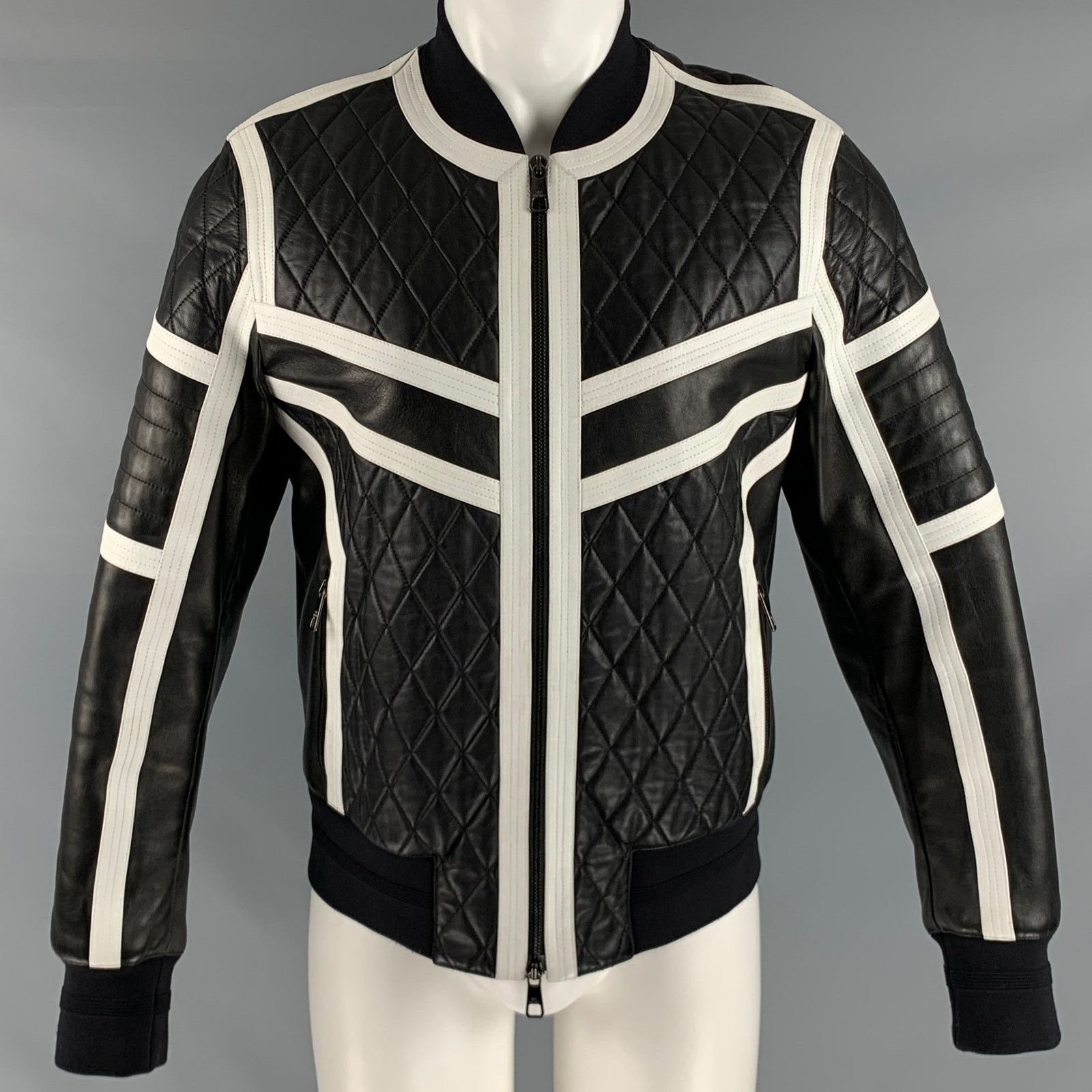 Neil Barrett Size M Black White Quilted Leather Zip Up Jacket Size US M / EU 48-50 / 2 - 1 Thumbnail