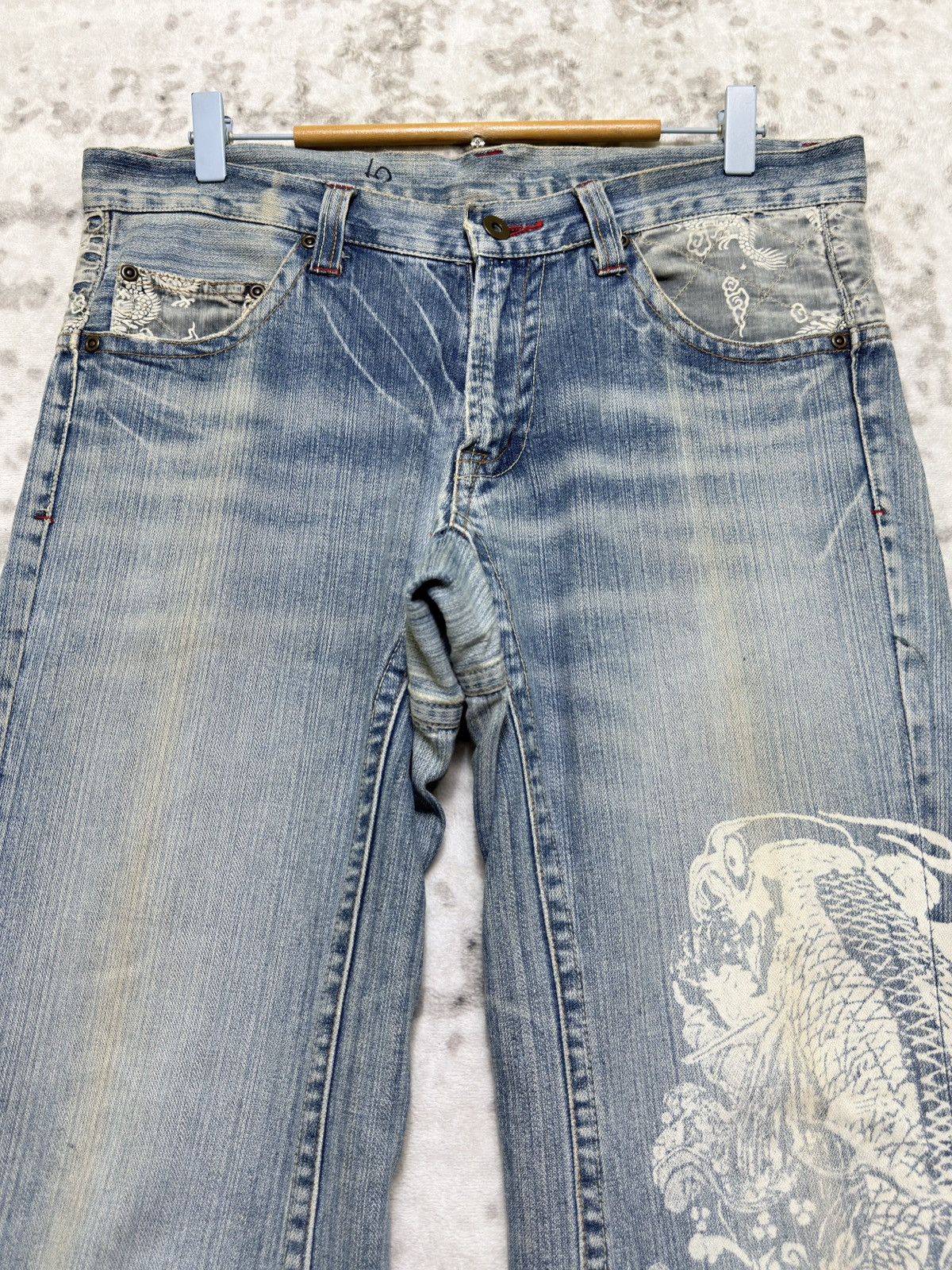 Karakuri Tamashii Tuwamono Japan Dragon Acid Wash Distressed Cropped Denim Size US 33 - 3 Thumbnail
