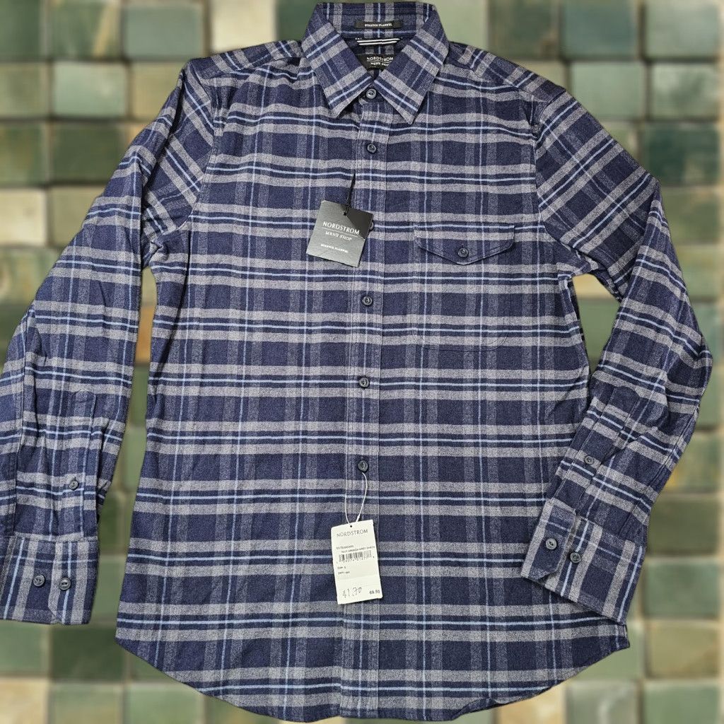 Nordstrom Nordstrom Men's Shop Shirt Navy Gray Stretch Flannel Plaid Button-Up Long Sleeve S Small Cotton Spandex Pocketed Size US S / EU 44-46 / 1 - 1 Thumbnail