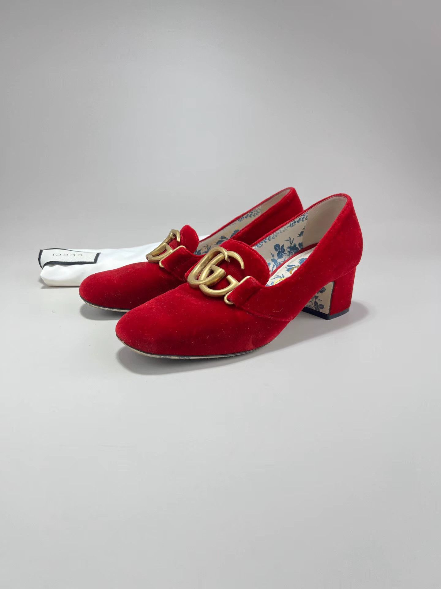 Gucci GUCCI Red Velvet GG Gold Heel Pumps Size US 7.5 / IT 37.5 - 1 Thumbnail