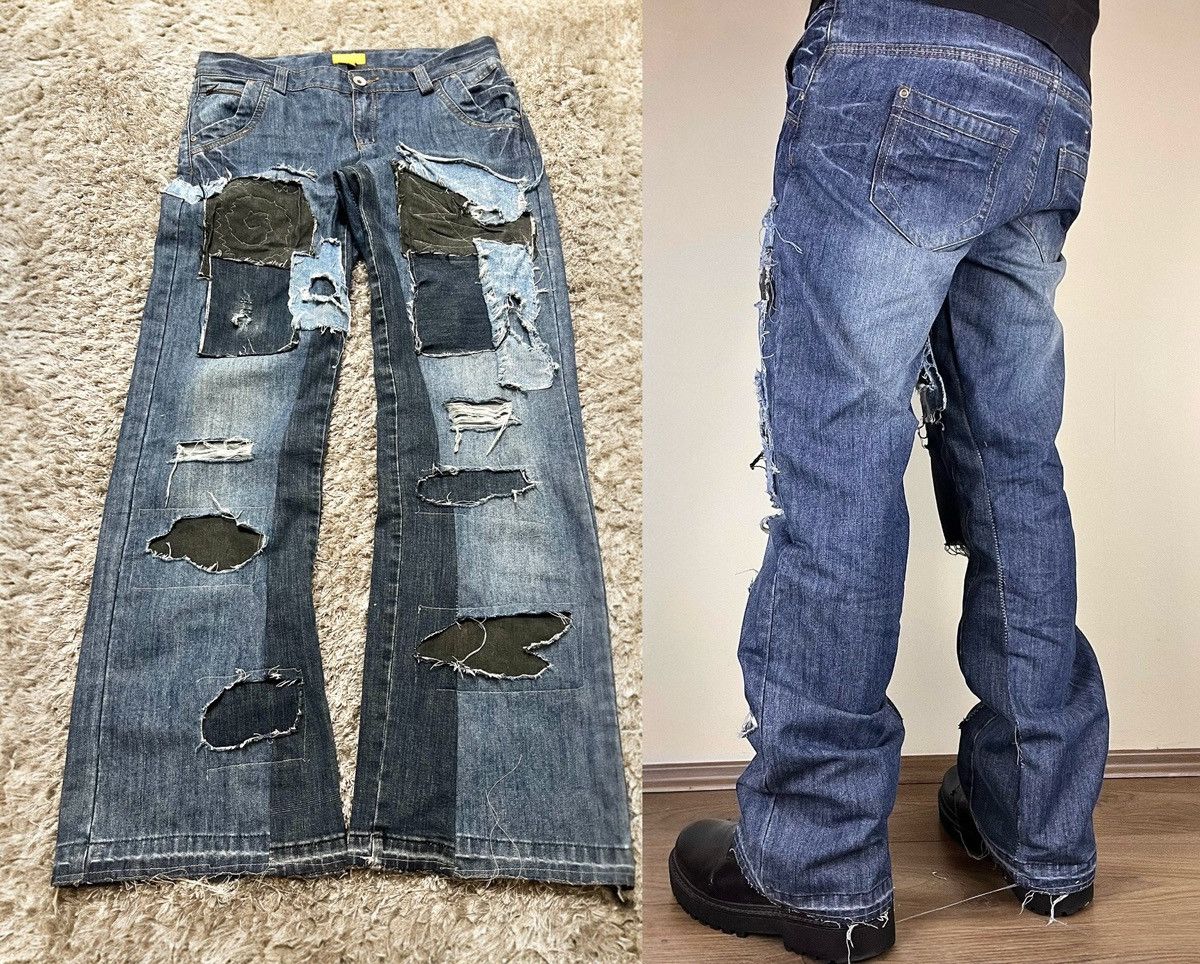 Handmade Custom 1/1 boot cut flared wide leg patchworked washed jeans Size US 32 / EU 48 - 1 Thumbnail