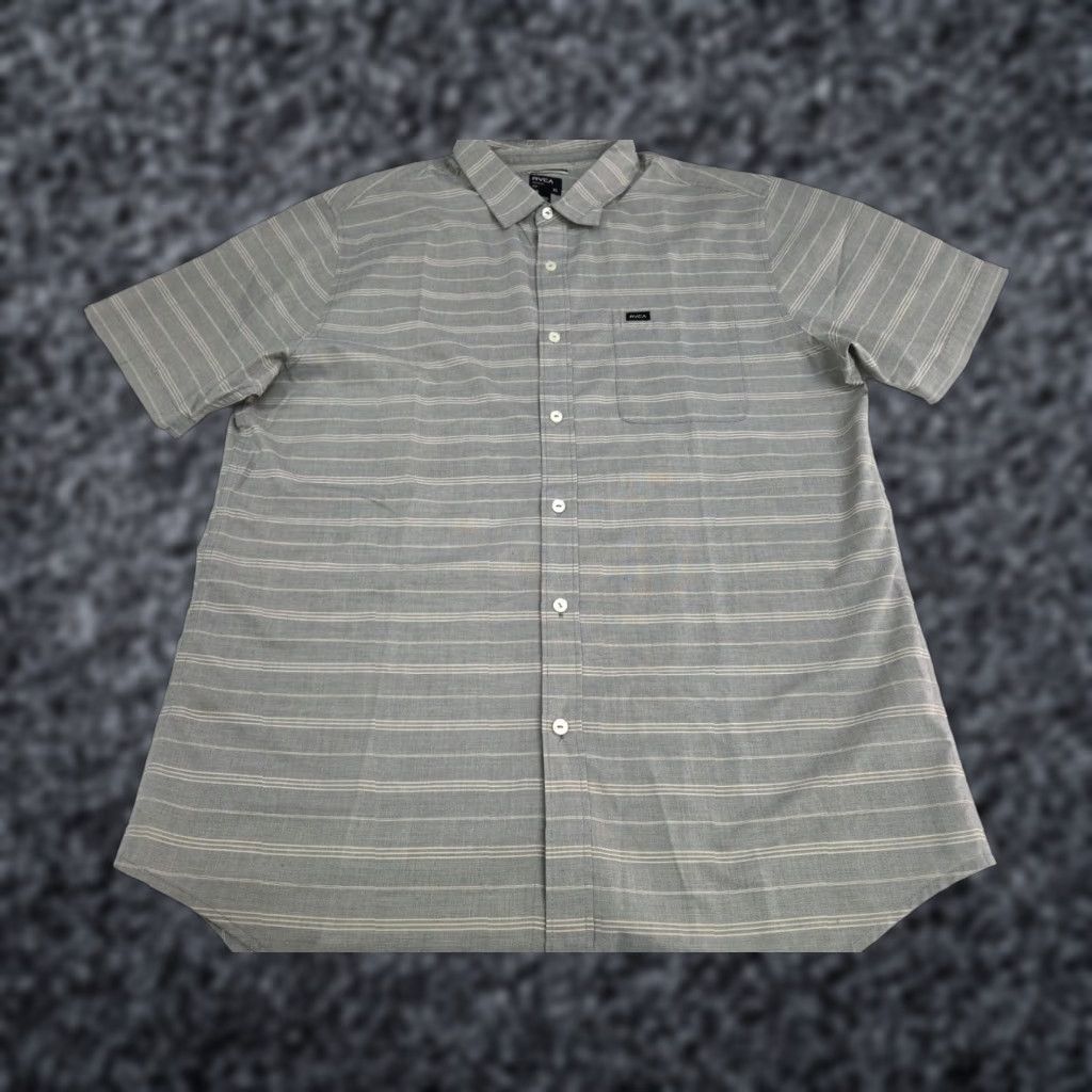 RVCA RVCA Mens Short Sleeve Button Up Shirt Slim Pocket Beige/Grey Striped XL Size US XL / EU 56 / 4 - 1 Thumbnail