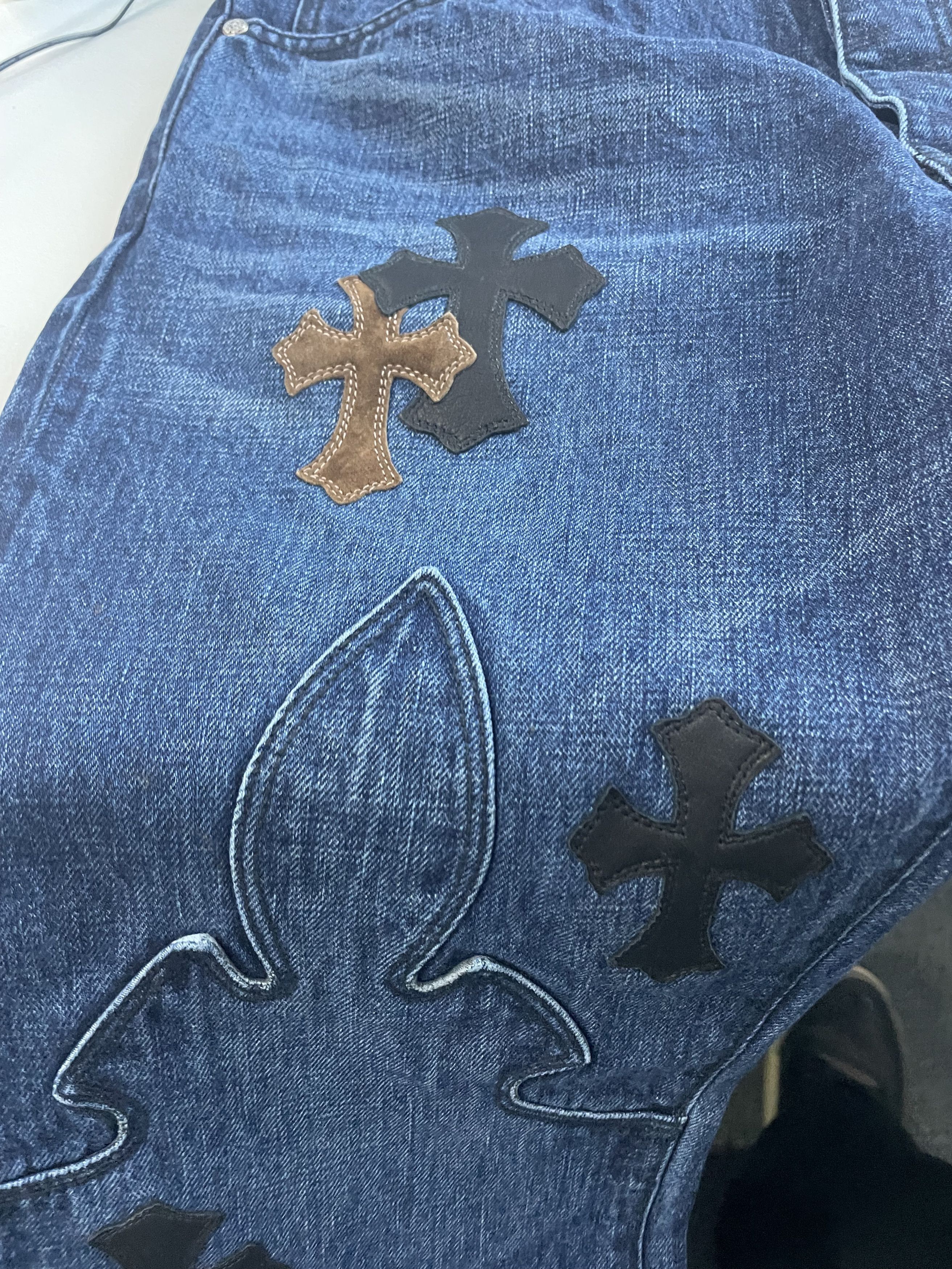 Chrome Hearts Chrome Hearts Black & White & Brown Patch Flame Knee Jeans Size US 32 / EU 48 - 3 Thumbnail