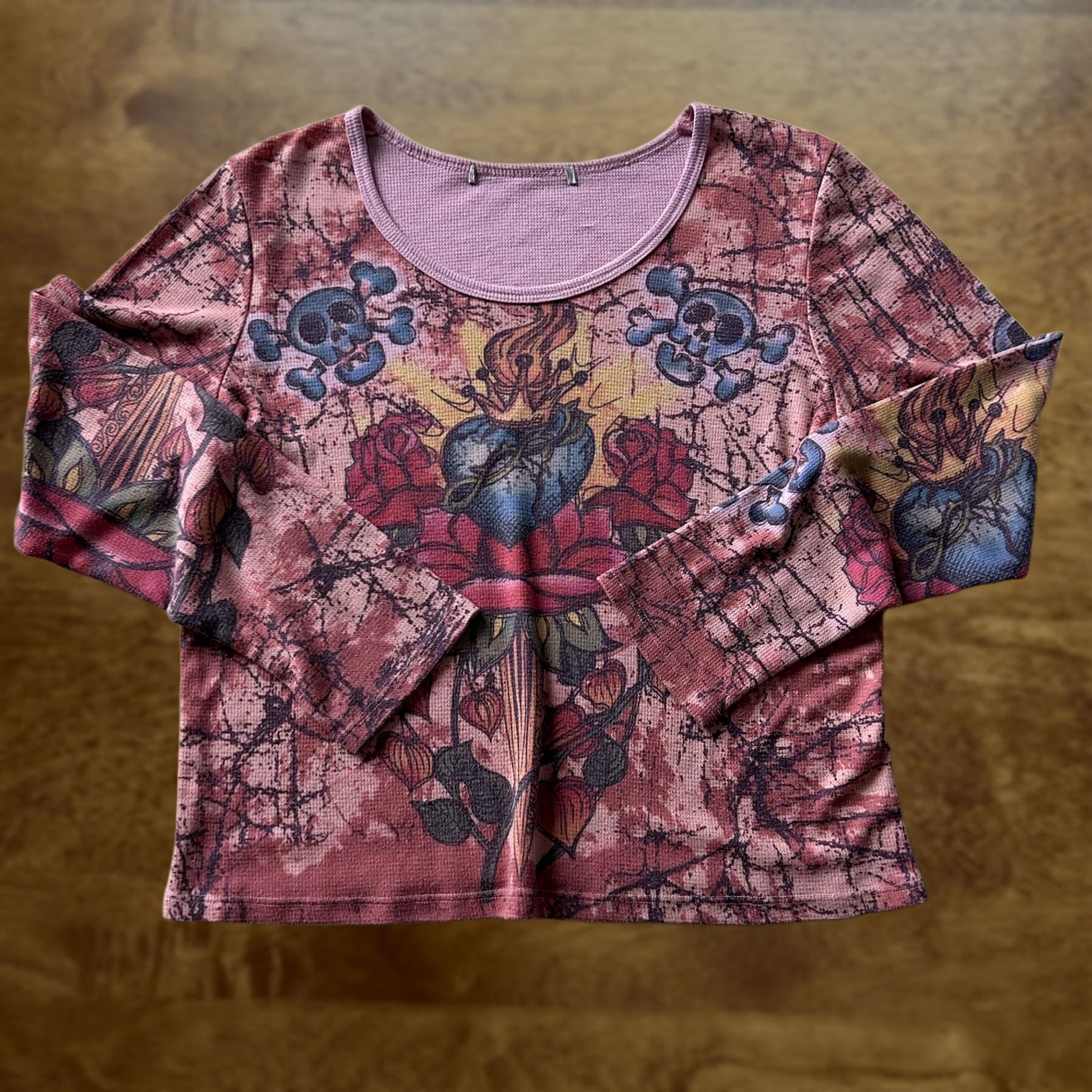 Pinko Y2K Tattoo Graphic Shirt Womens Large Pink Skull Floral Waffle Knit Cropped Tee Size L / US 10 / IT 46 - 1 Thumbnail