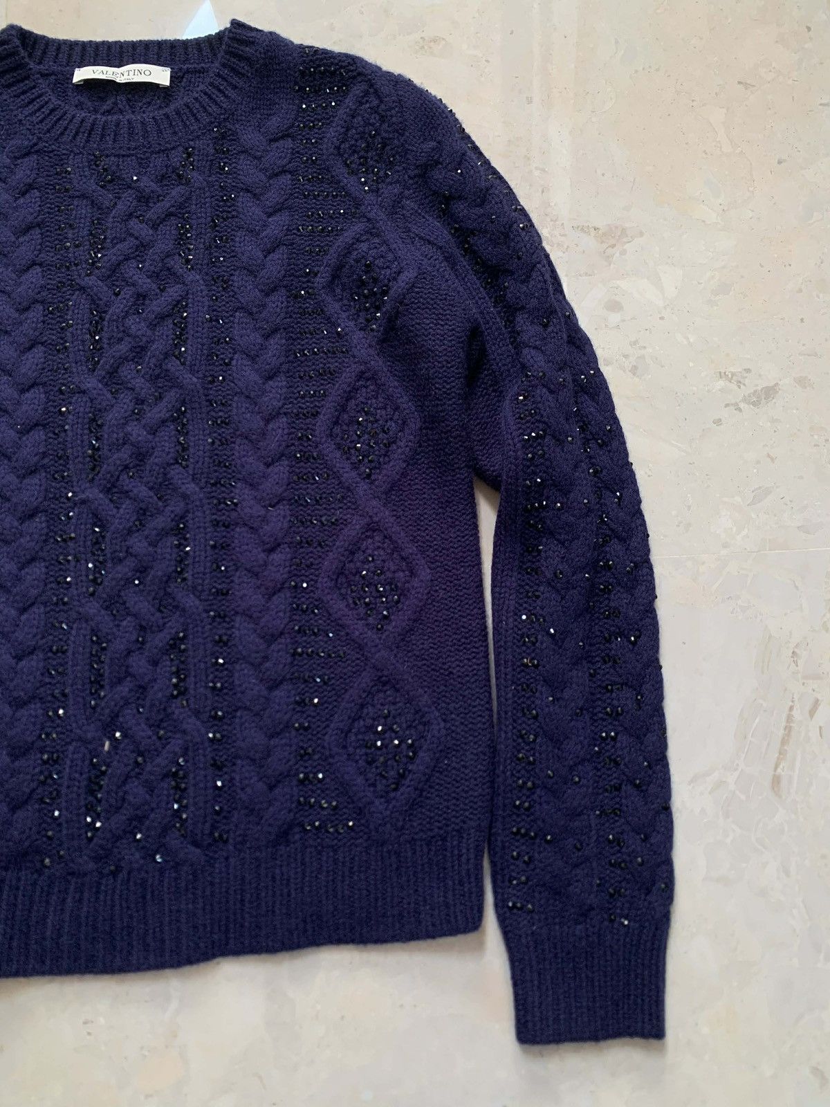 Valentino Valentino Navy Blue Embellished Cable Knit Sweater Size XS / US 0-2 / IT 36-38 - 4 Thumbnail