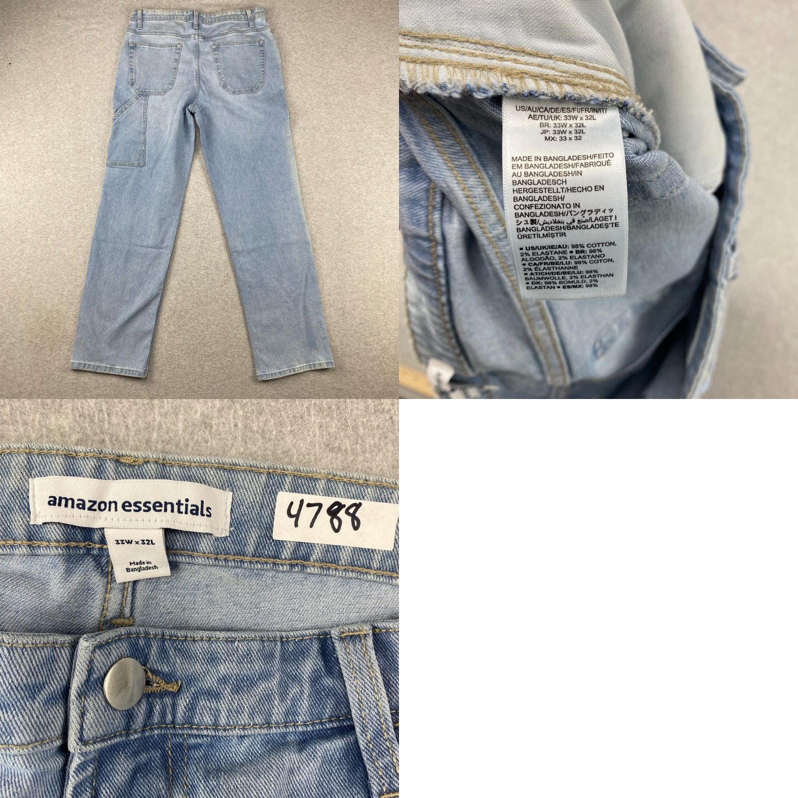 Essentials Amazon Jeans Mens 33X32 Blue Straight Leg Pockets Slimming Comfort Stretch 5-Pocket Design Belt Loops Denim 33 Regular Mens Jeans Blue Size US 33 - 9 Thumbnail