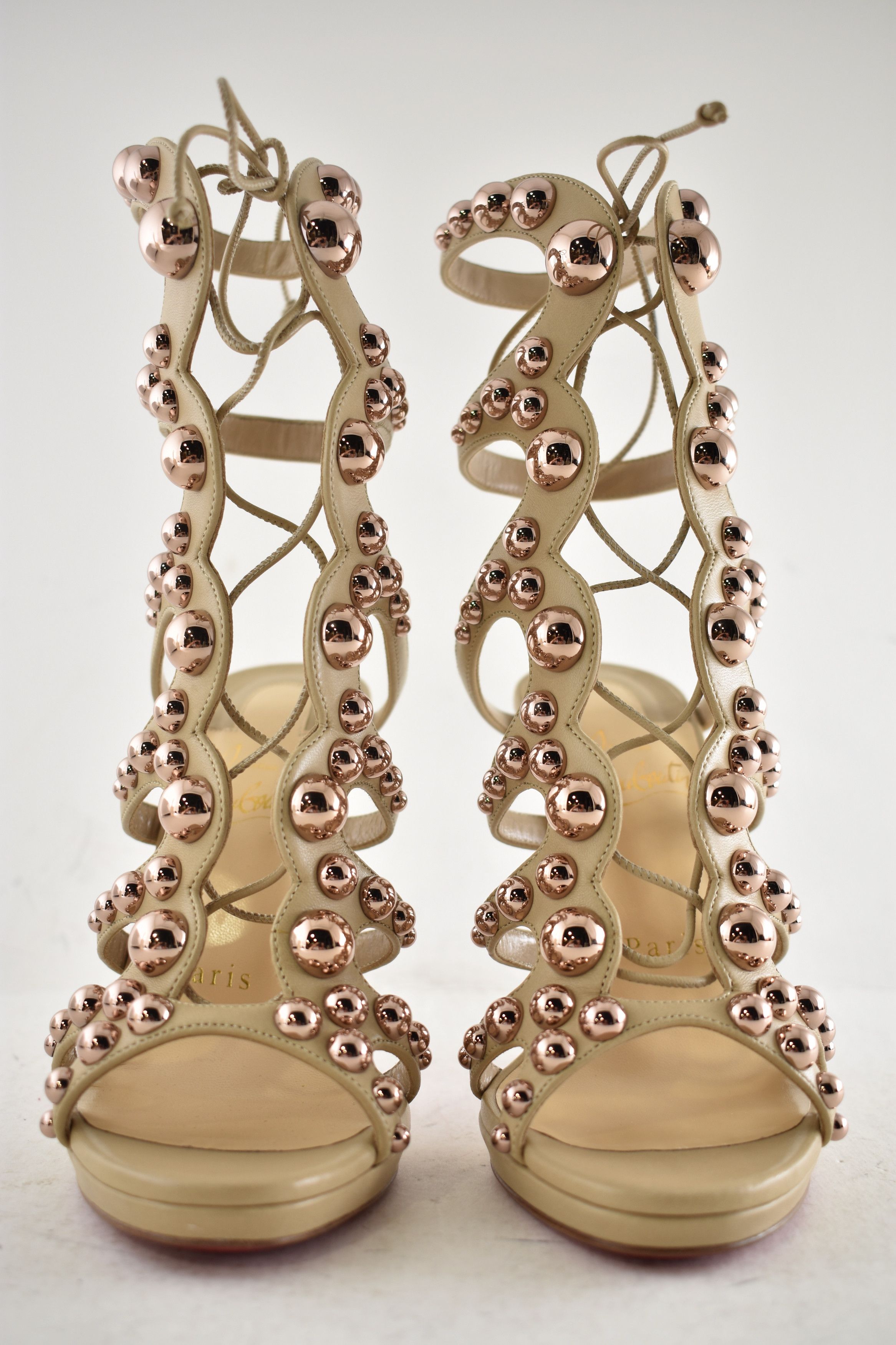 Christian Louboutin Amazoubille 120 Nude Beige Lace Up Tie Sandal Heel Pump 35 Size US 5 / IT 35 - 9 Thumbnail