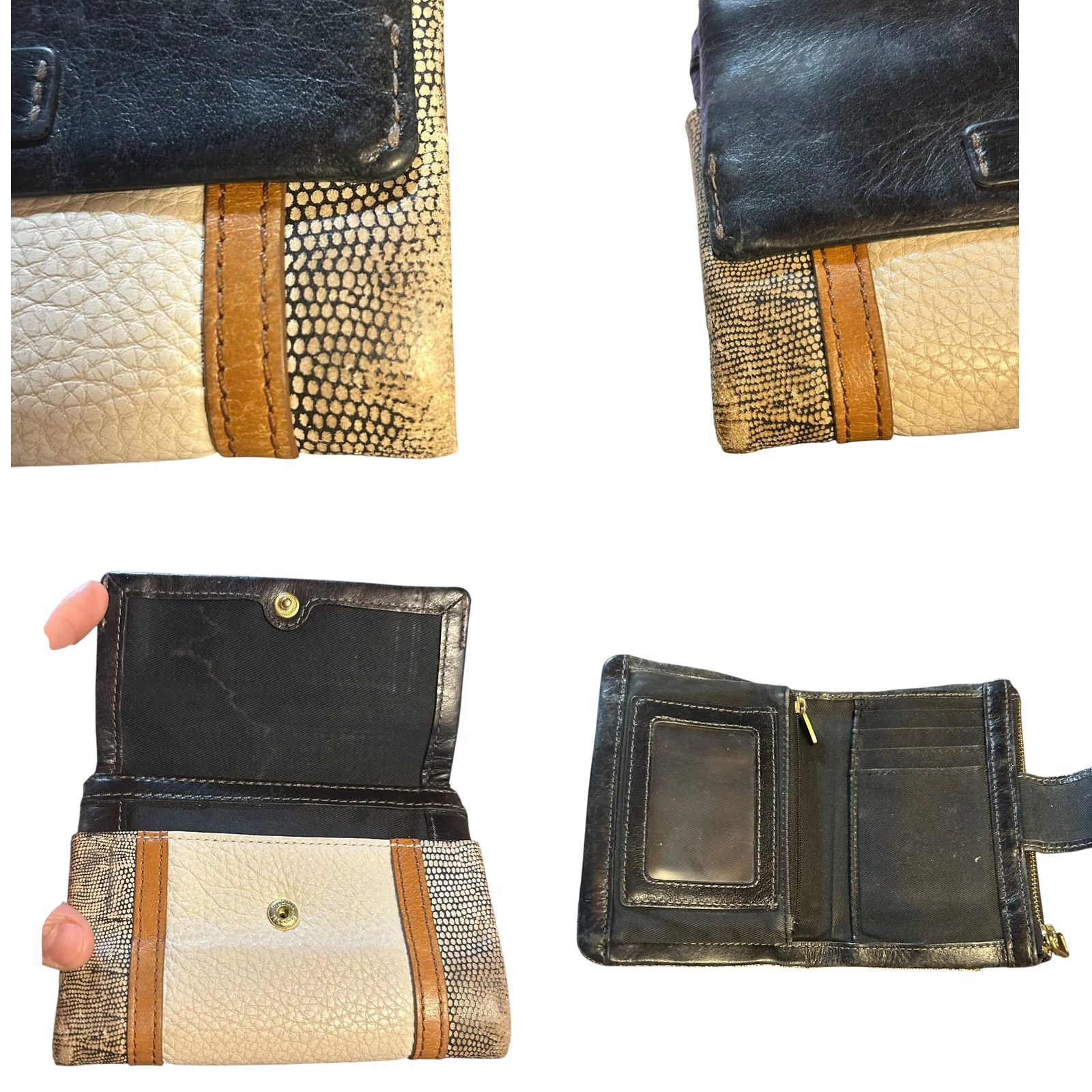 Fossil Fossil Ellis Multi Patchwork Leather Black Brown Cream Wallet Women's Worn Read Size ONE SIZE - 10 Thumbnail