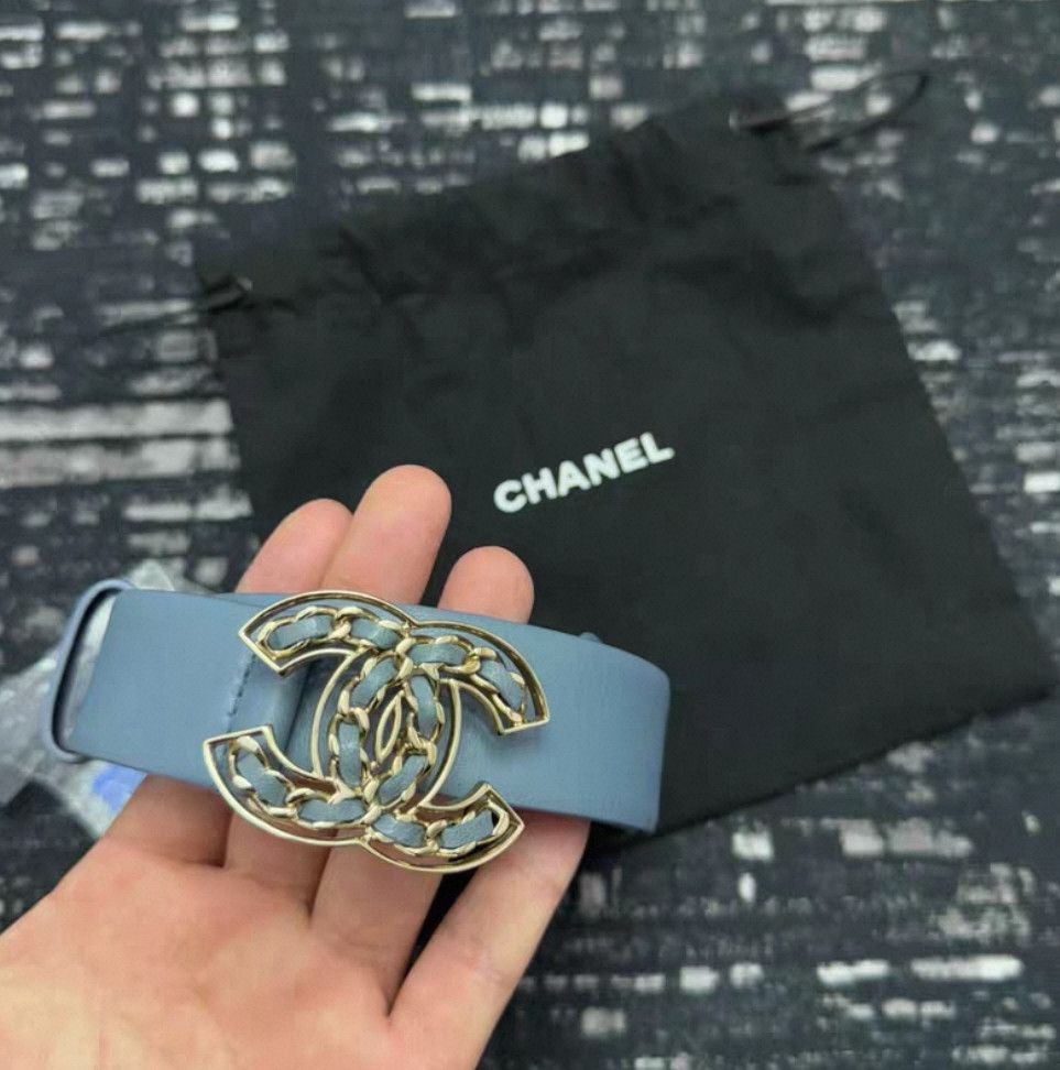 chanel dual c woven belt in blue. Size 75