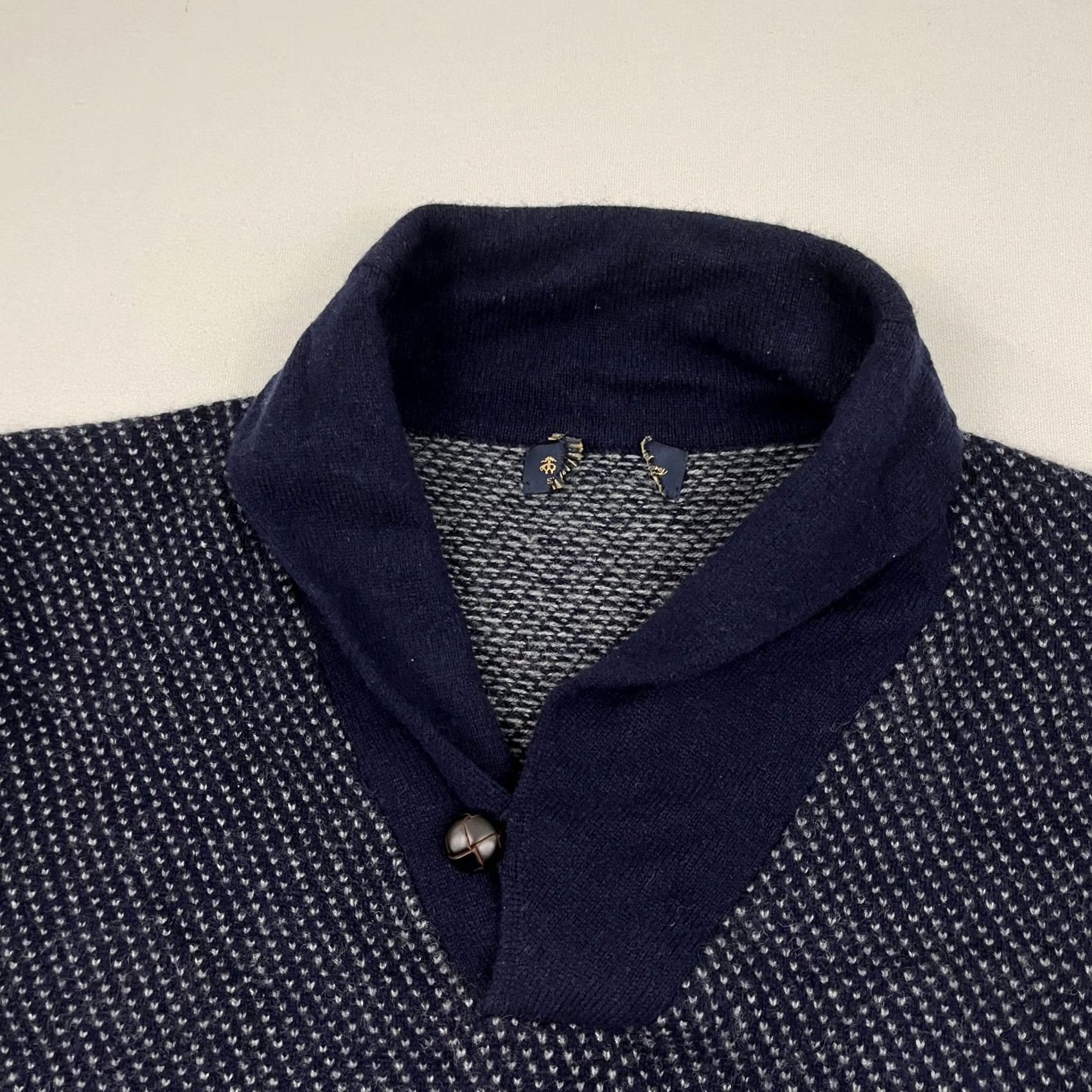 Brooks Brothers Brooks Brothers Lambs Wool Sweater Mens 2XL Blue Birds Eye Shawl Collar Preppy Pullover Knit Regular Front Pockets Size US XXL / EU 58 / 5 - 2 Thumbnail