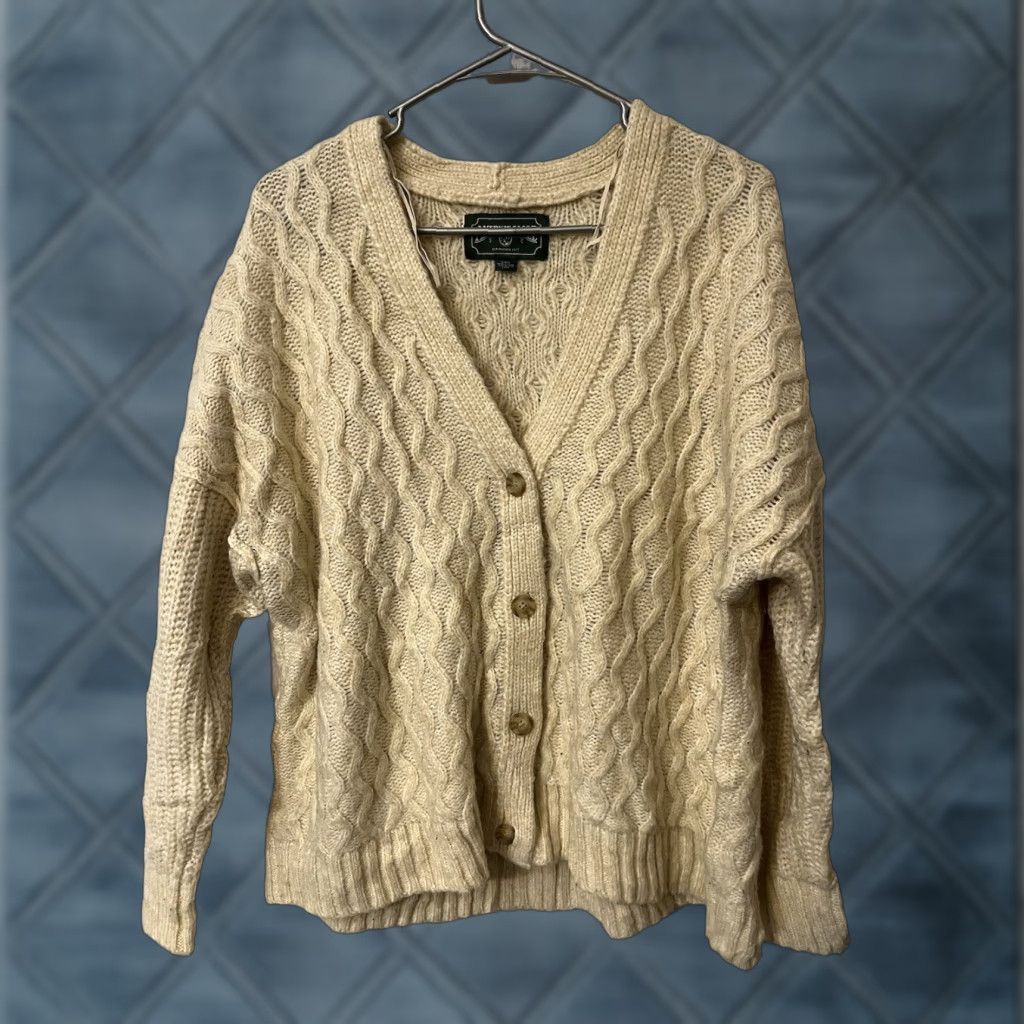 American Eagle Outfitters VINTAGE American Eagle Outfitters Cardigan Women's Oversized Cable-Knit Wool Blend Fisherman V-Neck Ivory Cream L Size L / US 10 / IT 46 - 1 Thumbnail
