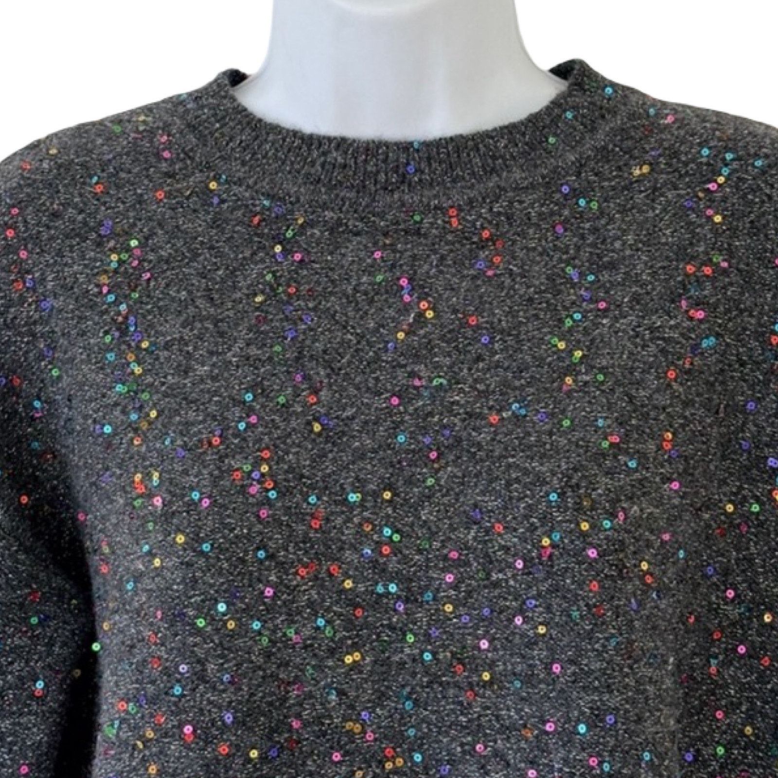 Loft LOFT Dark Gray Rainbow Sequins Knit Crew Neck Sweater size M Size M / US 6-8 / IT 42-44 - 9 Thumbnail