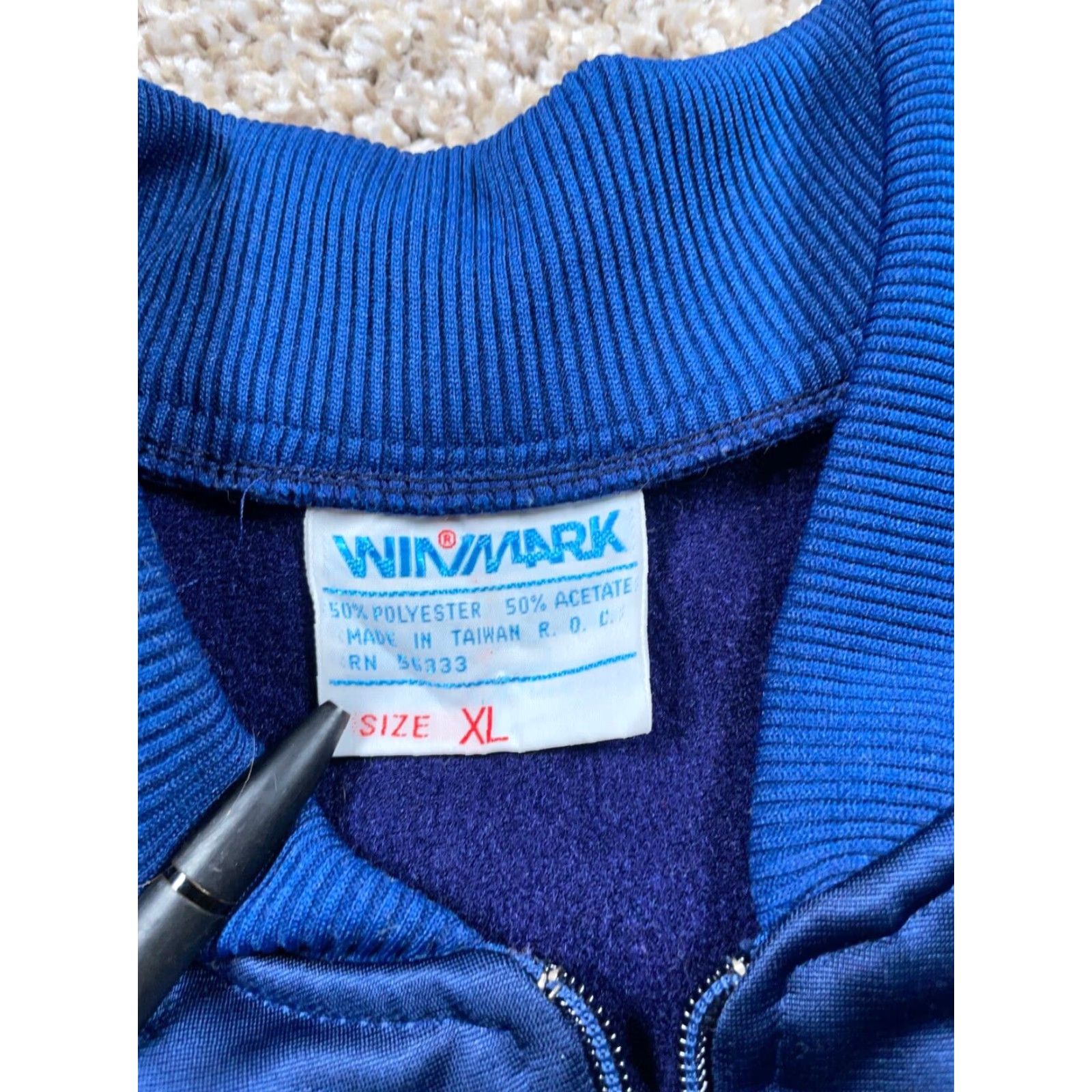 Vintage VTG 70s Track Jacket Adult XL Dark Blue Striped Sleeves Full Zip Pockets Polyester Winmark Tag Men Jacket Size US XL / EU 56 / 4 - 4 Thumbnail