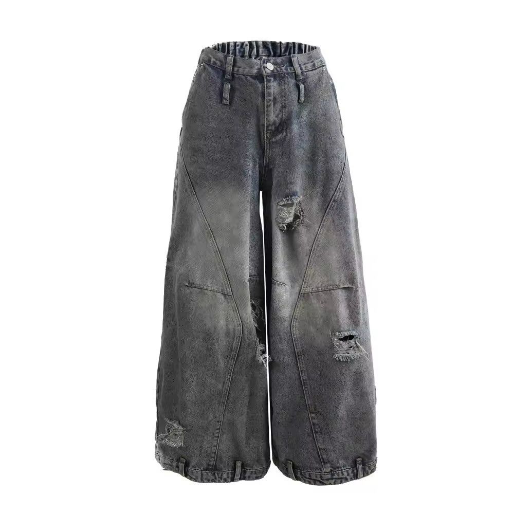 Jean Washed Distressed Ripped Elastic Waist Wide Leg Jeans Pants Size US 26 / EU 42 - 1 Thumbnail