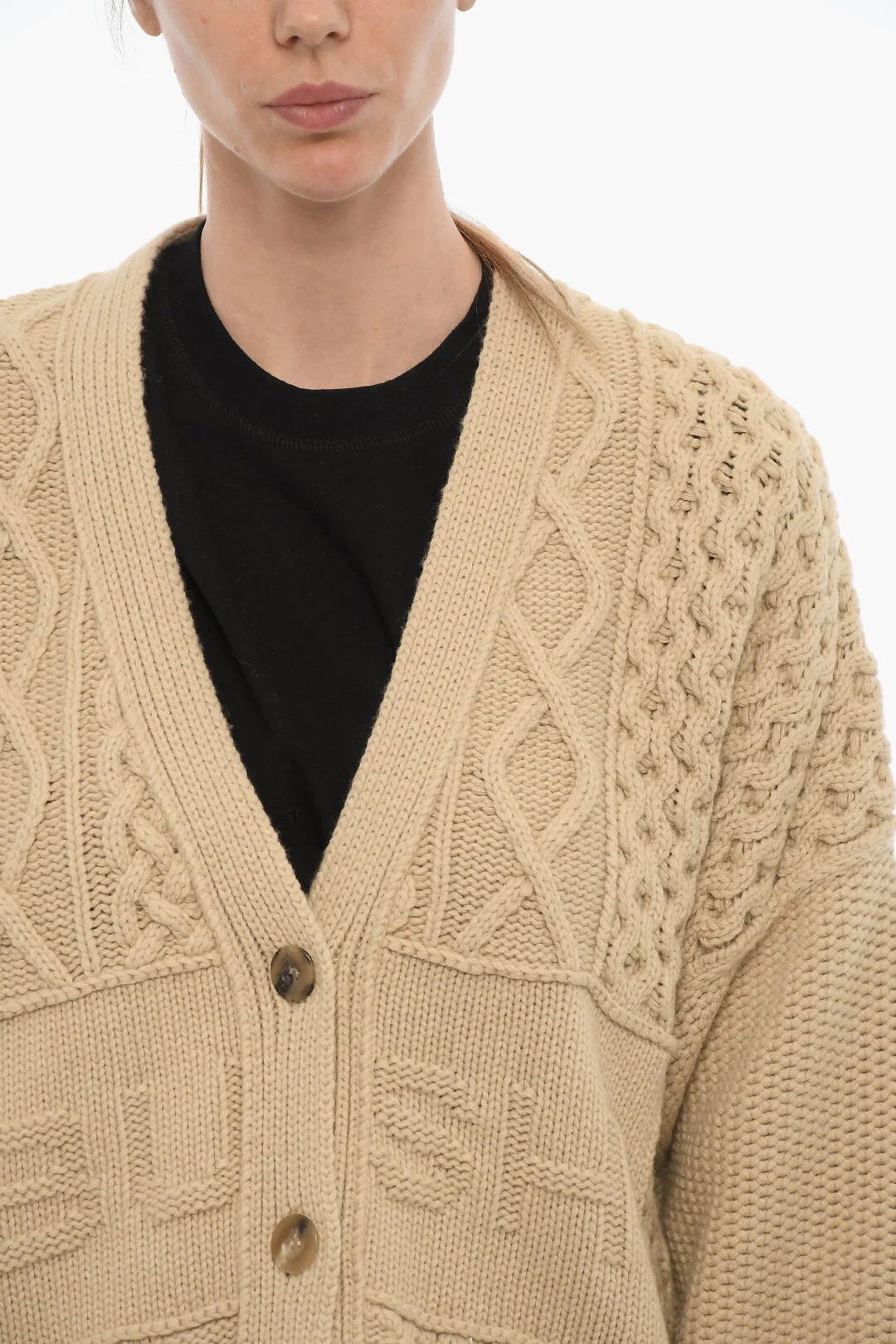 Ambush Design og1mm0426 Cable Knit V-Neck Cardigan in Beige Size M / US 6-8 / IT 42-44 - 3 Thumbnail