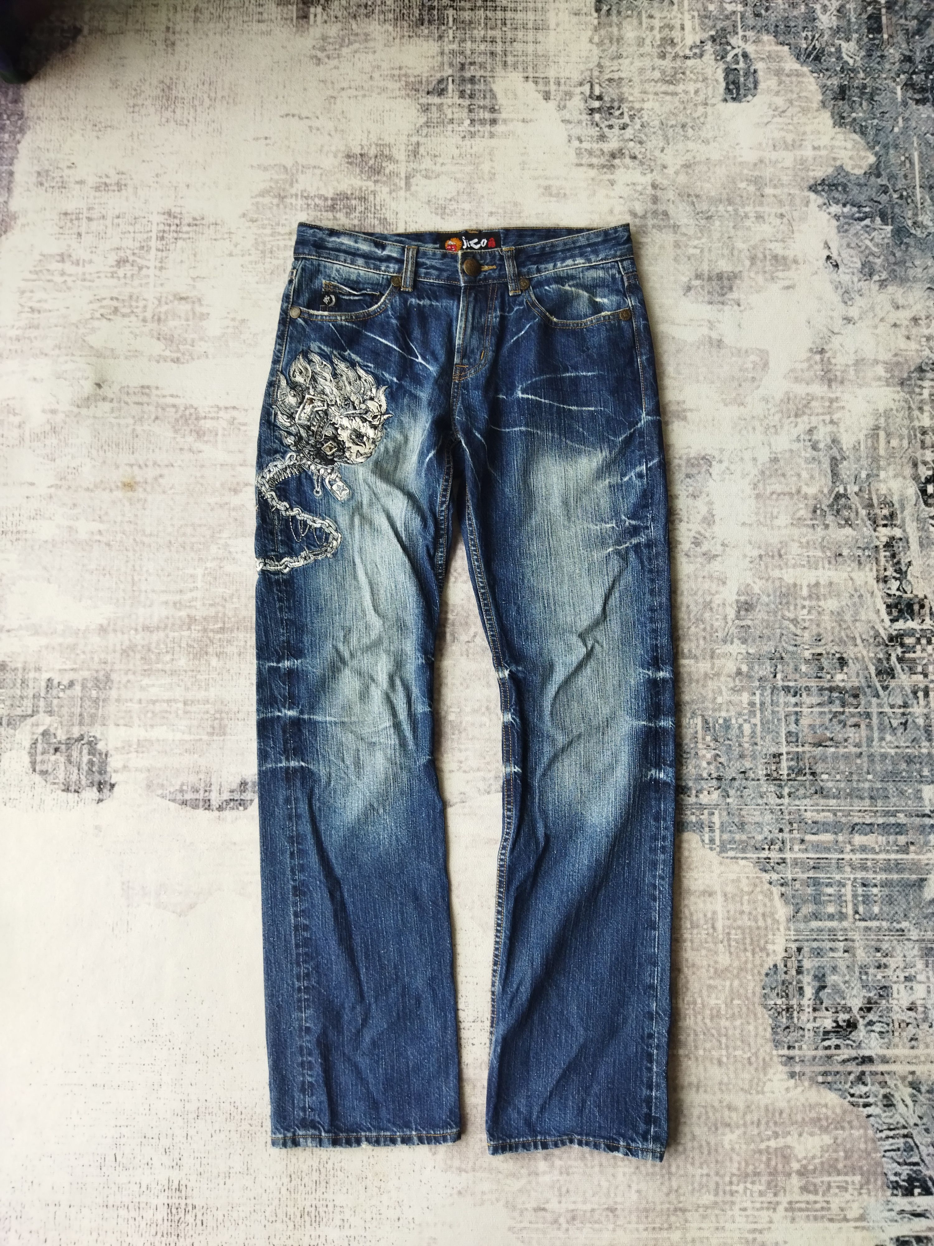 image of Vintage Nippon Blue Skull Embroidered Logo Denim Pant in Blue Denim, Men's (Size 33)