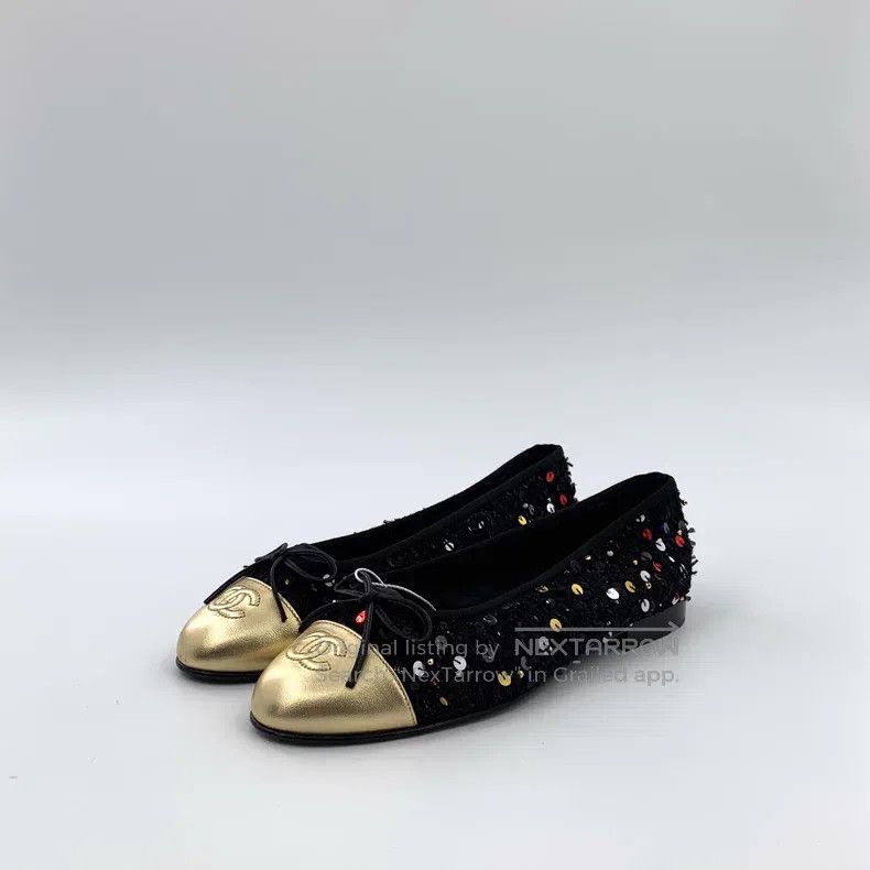 Chanel Chanel Black round toe woven coarse tweed sequin casual fl Size US 7.5 / IT 37.5 - 1 Thumbnail