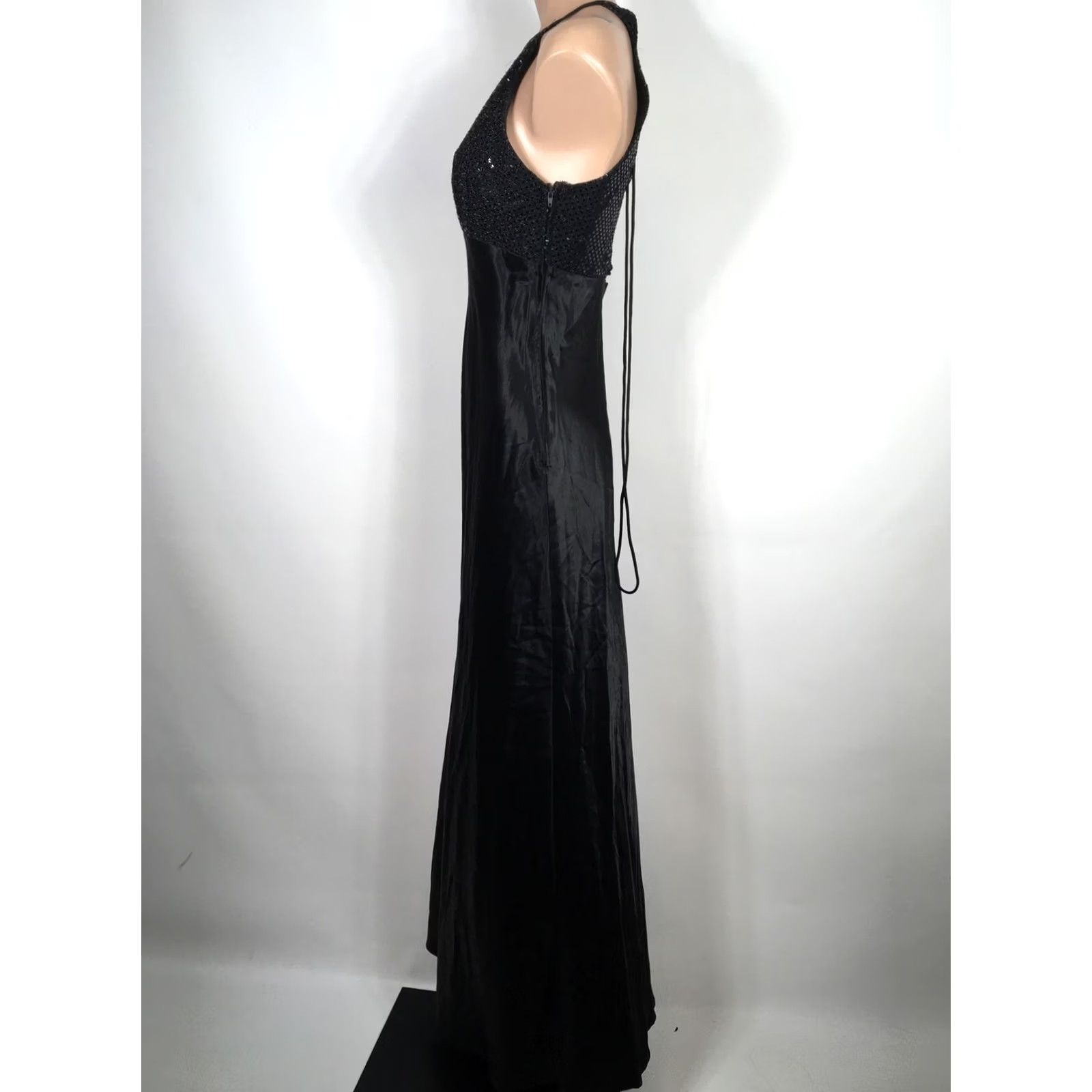 Vintage VTG ZUM ZUM Dress 90s y2k Black Satin A-Line Sequin Lattice Back Evening Gown 8 Size M / US 6-8 / IT 42-44 - 6 Thumbnail