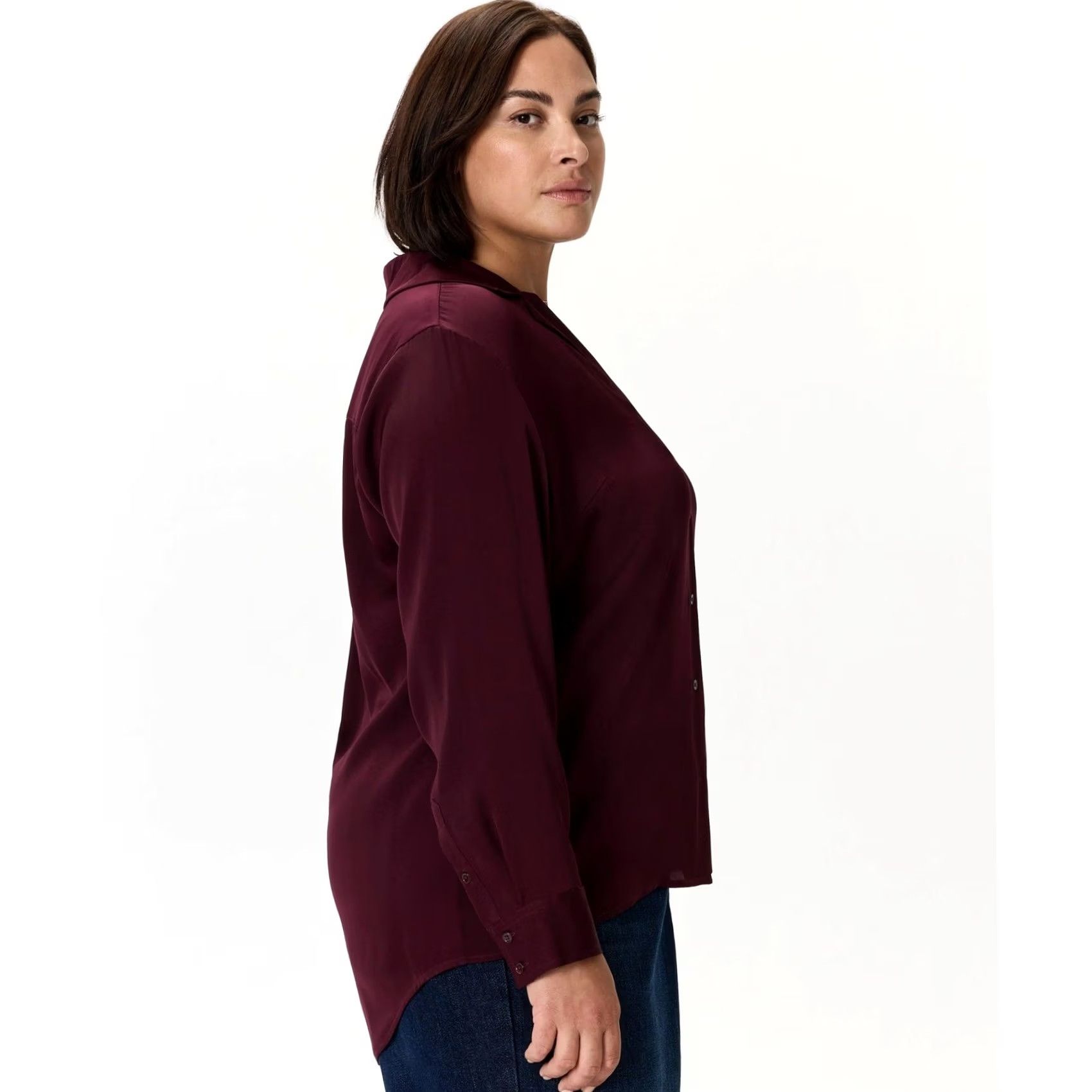 Quince Quince Womens Plus Size 3X Blouse Wine Stretch Silk Collared Button Size XXL / US 16-18 / IT 52-54 - 3 Thumbnail