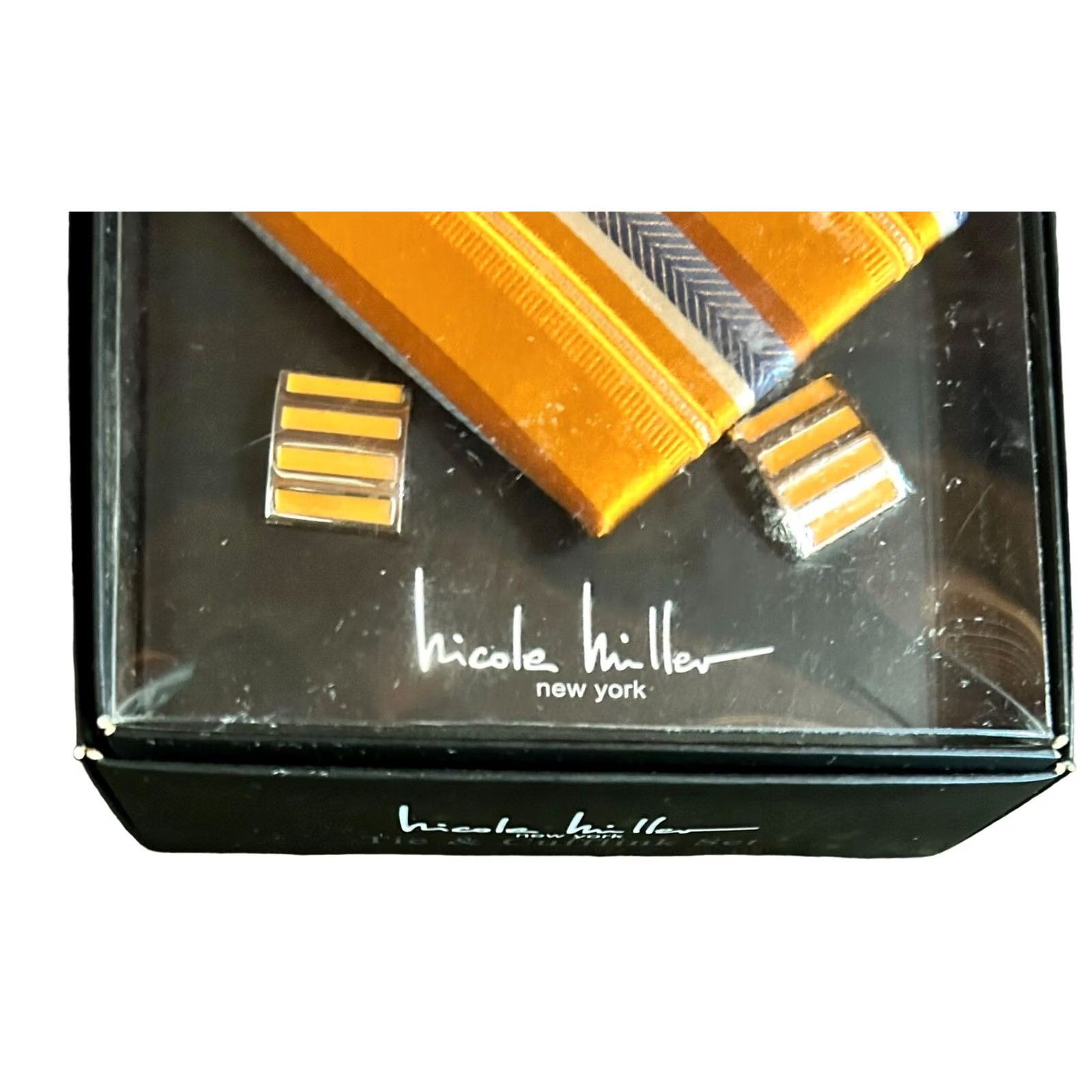 Nicole Miller Nicole Miller New York Men's Orange Striped Silk Tie & Matching Cuff Links NIB - Adjustable Clip Tie Set Size ONE SIZE - 3 Thumbnail
