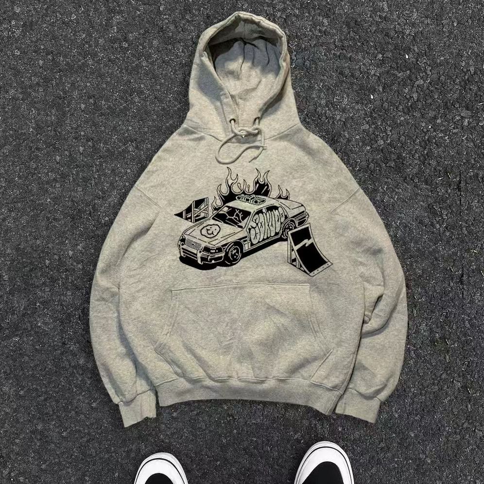 Japanese Brand × Vintage Grey washed vintage flame car print hoodie Size US 32 / EU 48 - 1 Thumbnail