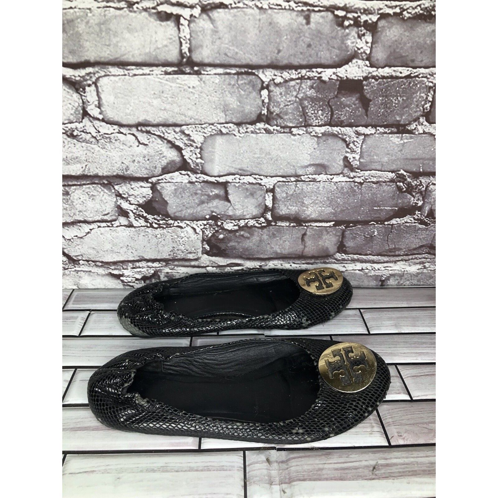 Tory Burch Tory Burch Reva Gold Logo Black Leather Snake Skin Ballet Fl Size US 7.5 / IT 37.5 - 3 Thumbnail