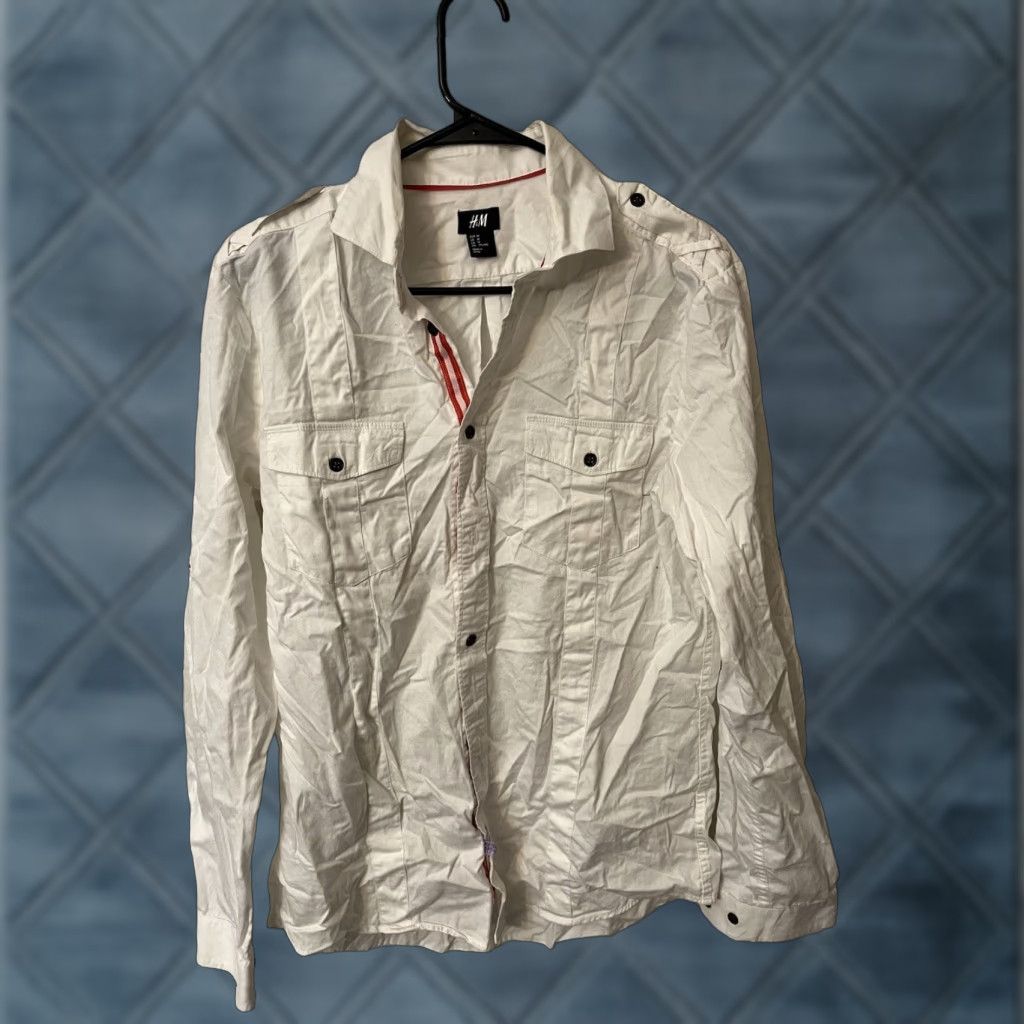 H&M H&M Shirt Medium White Long Sleeve Button-Up Cotton Military Mens Size US M / EU 48-50 / 2 - 1 Thumbnail