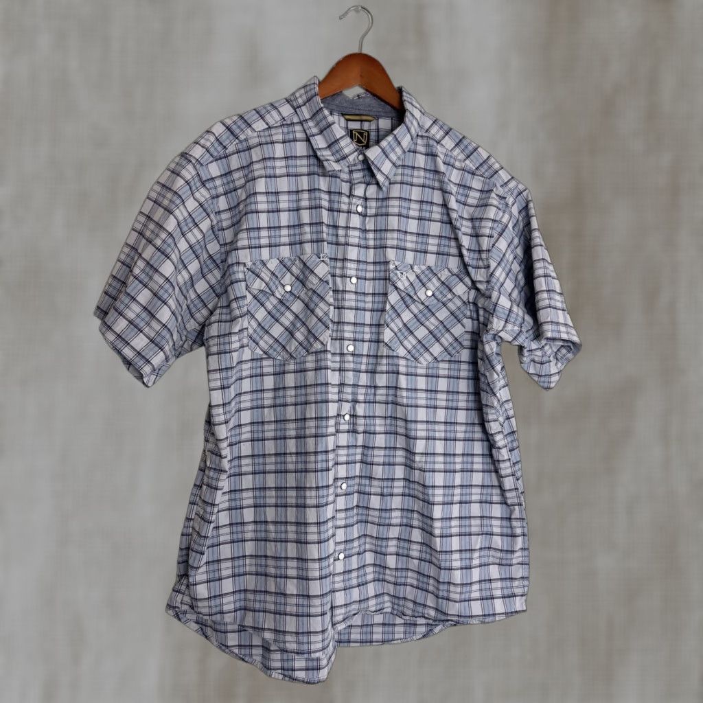 Vintage Noble Outfitters Mens XXL Short Sleeve Pearl Snap Shirt Blue Plaid Cotton Shirt Size US XXL / EU 58 / 5 - 1 Thumbnail