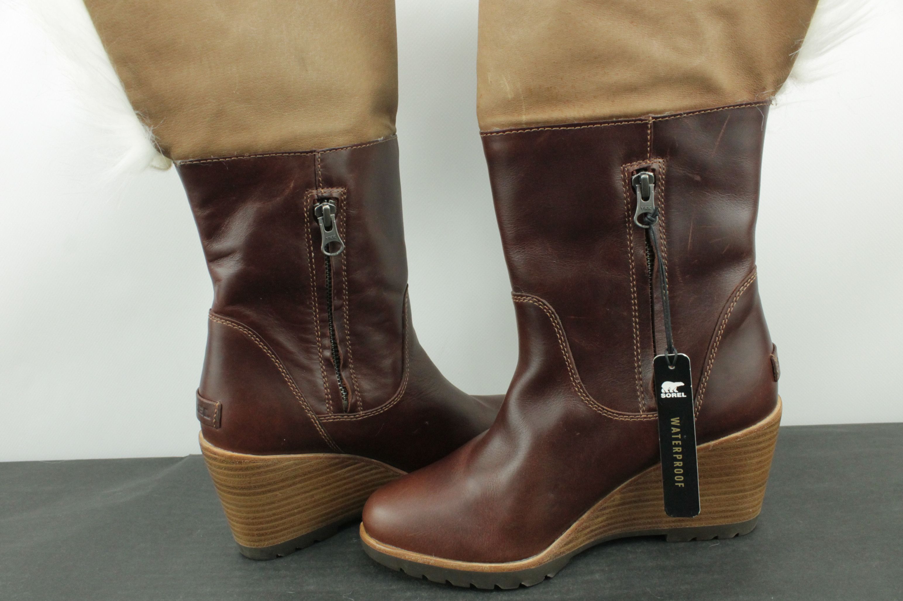 SOREL Sorel Park City Lux Brown Leather Wedge Booties Faux Fur Size US 8 / IT 38 - 9 Thumbnail