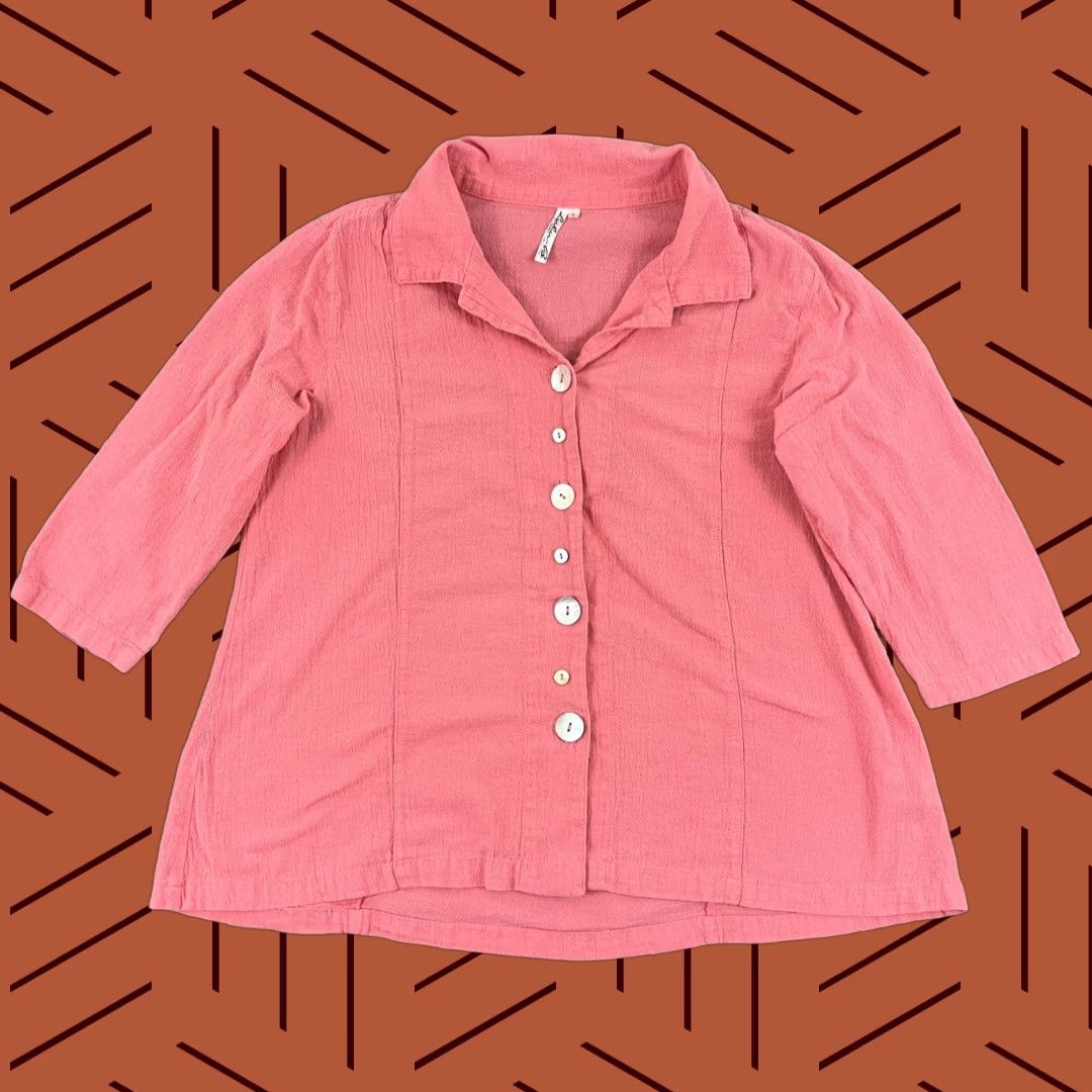 Vintage Lulu-B Shirt Womens Large Pink Button Up Tunic Top 3/4 Sleeve Collared V-Neck Size L / US 10 / IT 46 - 1 Thumbnail