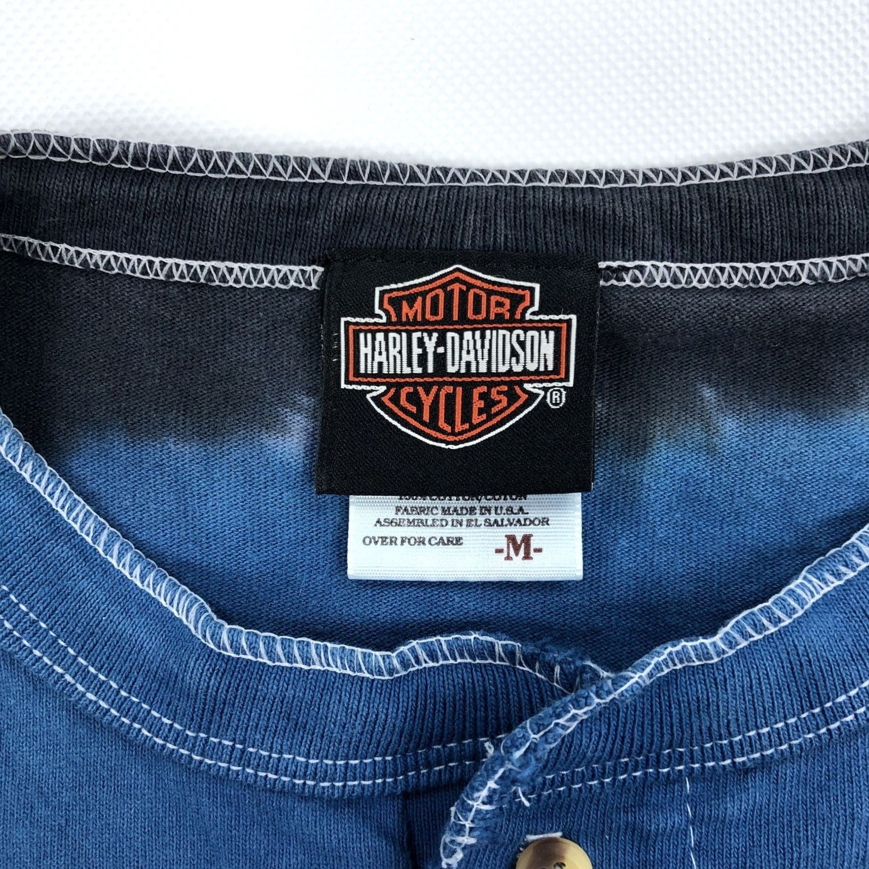 Harley Davidson Harley-Davidson Mens Tie-Dye Long Sleeve Henley T-Shirt M Blue/Black/White Flame Embroidered Logo Shirt Size US M / EU 48-50 / 2 - 4 Thumbnail