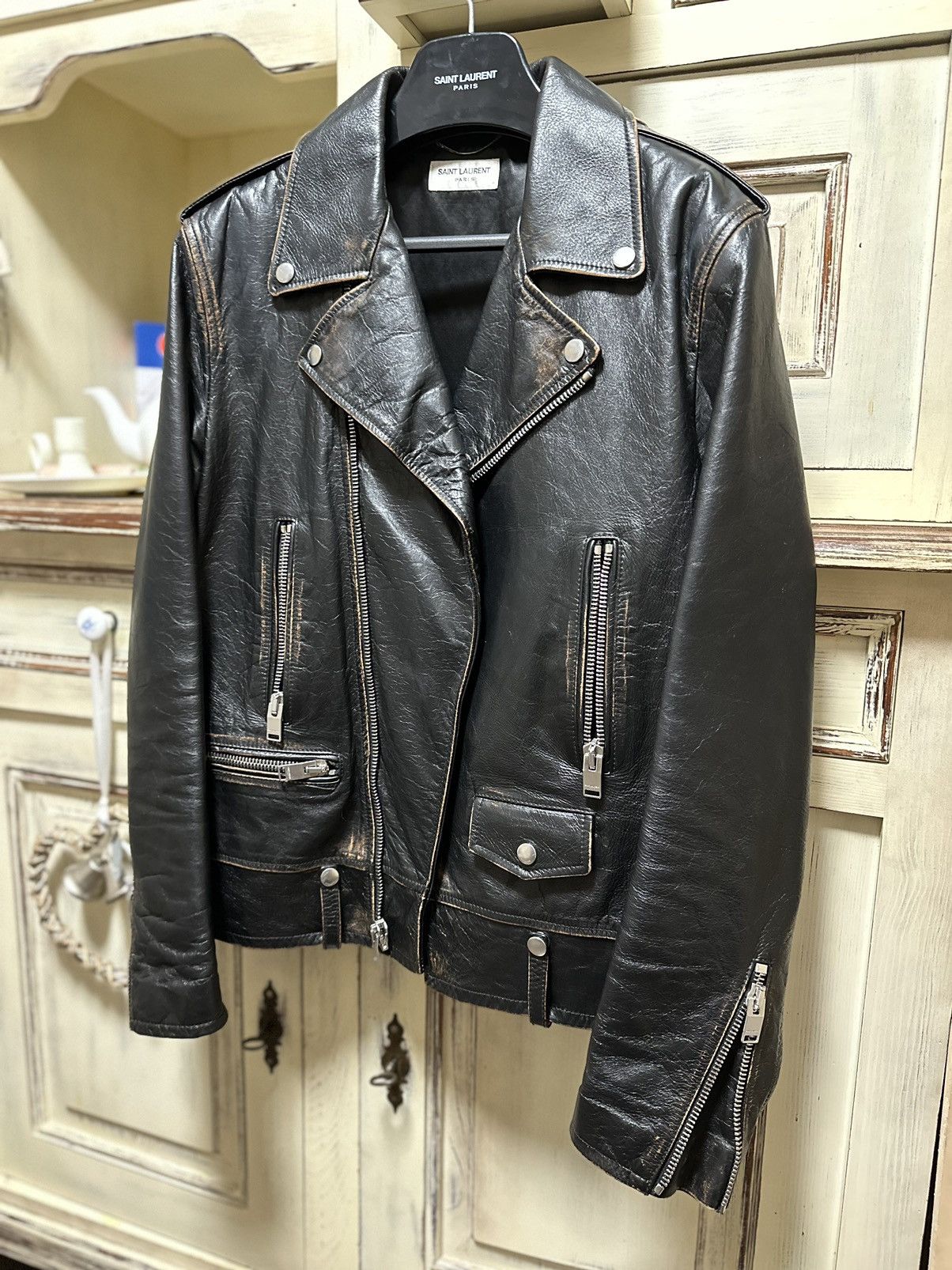 Pre-owned Saint Laurent L01 Biker Jacket Sz.54 In Vintage Wash Black