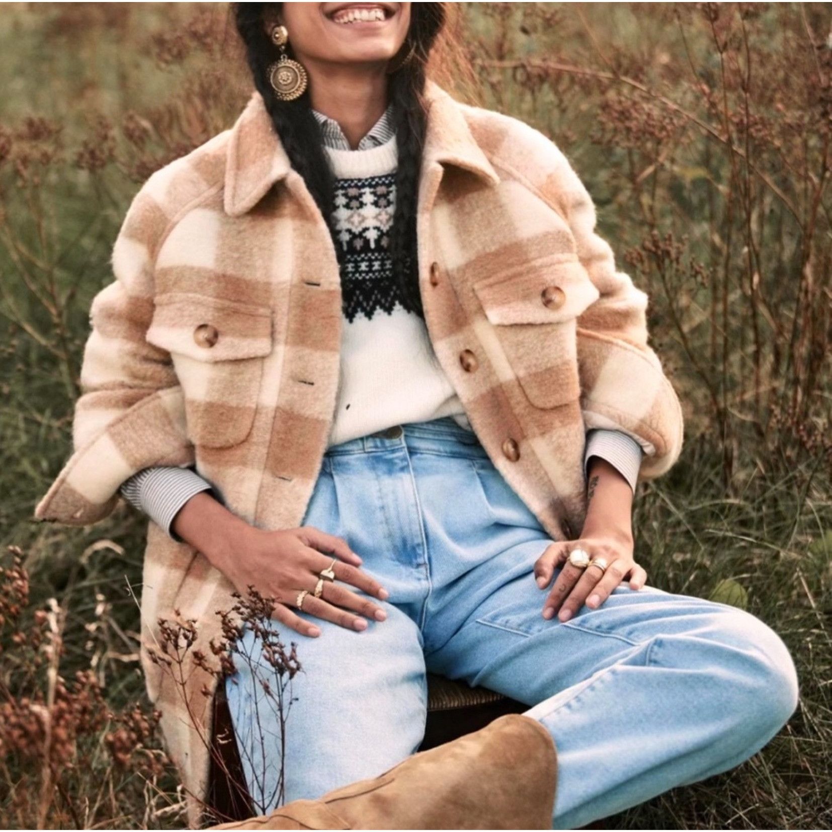 Sezane Sezane Joe coat ecru beige plaid check SZ44 US BEIGE WHITE 1 Size XL / US 12-14 / IT 48-50 - 1 Thumbnail