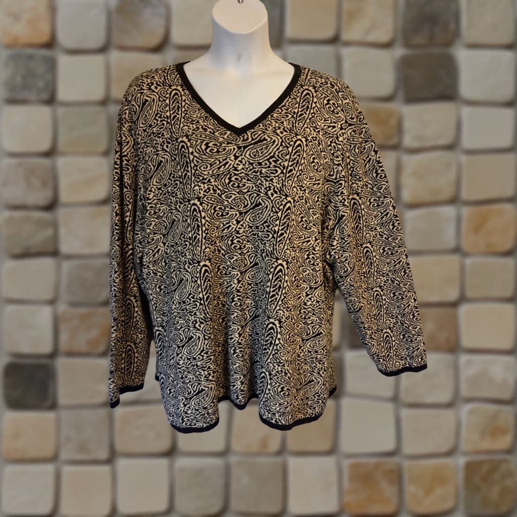 Vintage Liz & Me Sweater Black Beige Paisley Print V-Neck 4X Womens Size XXL / US 16-18 / IT 52-54 - 1 Thumbnail